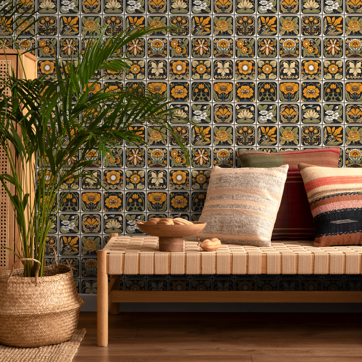 Art Deco Wallpaper with a Floral Tile Motif in Black, Gold, and Green - C215