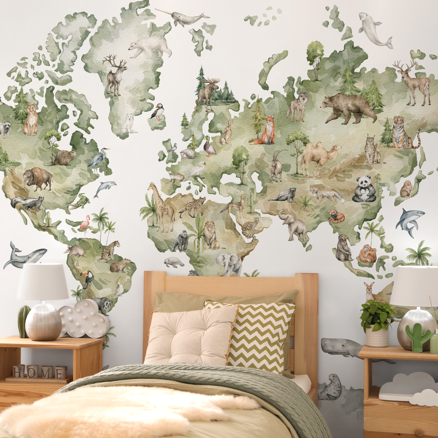 World Map Wallpaper Featuring Animals of the World in Green and Beige - C220