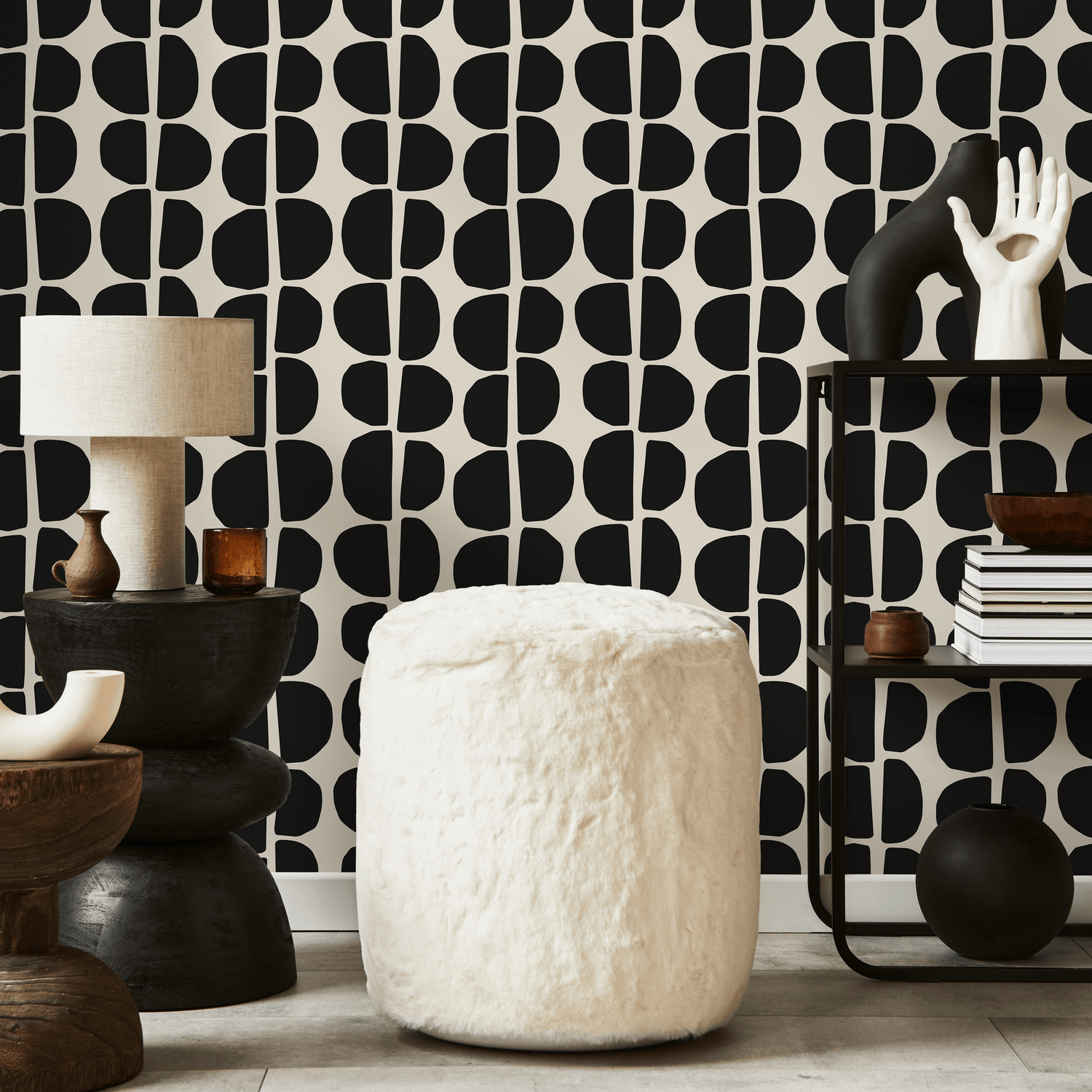 Abstract Wallpaper with Organic Semi-Circles in Black and Off-White - C222