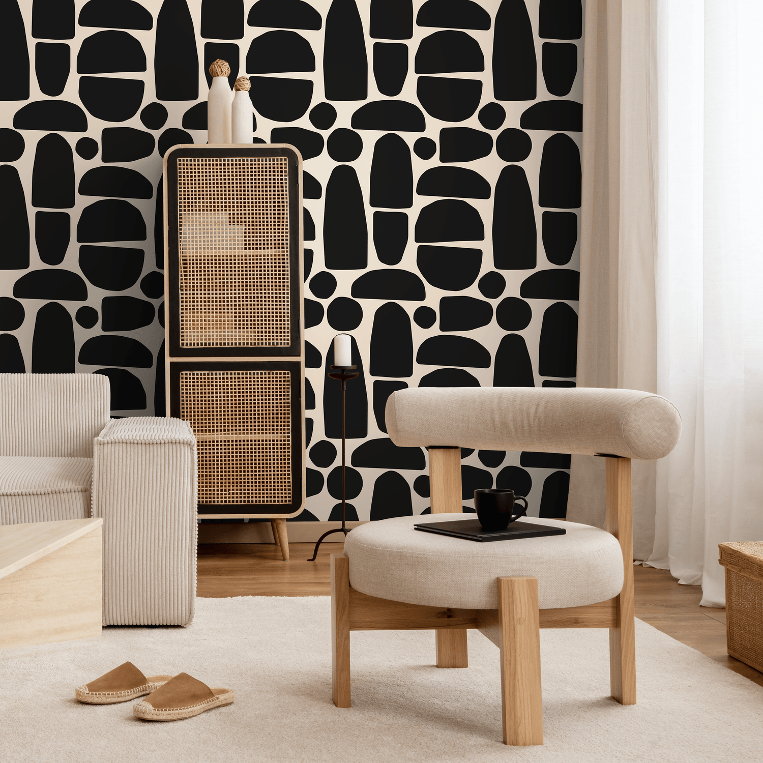 Abstract Wallpaper with Bold Organic Shapes in Black and Beige - C223