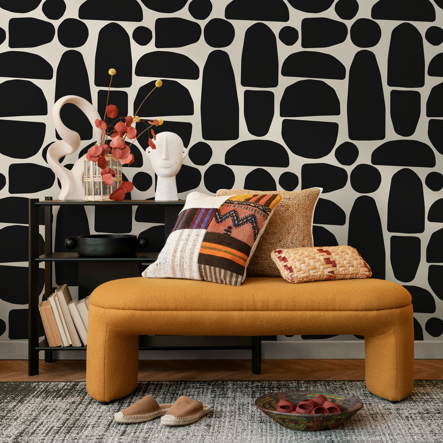 Abstract Wallpaper with Bold Organic Shapes in Black and Beige - C223
