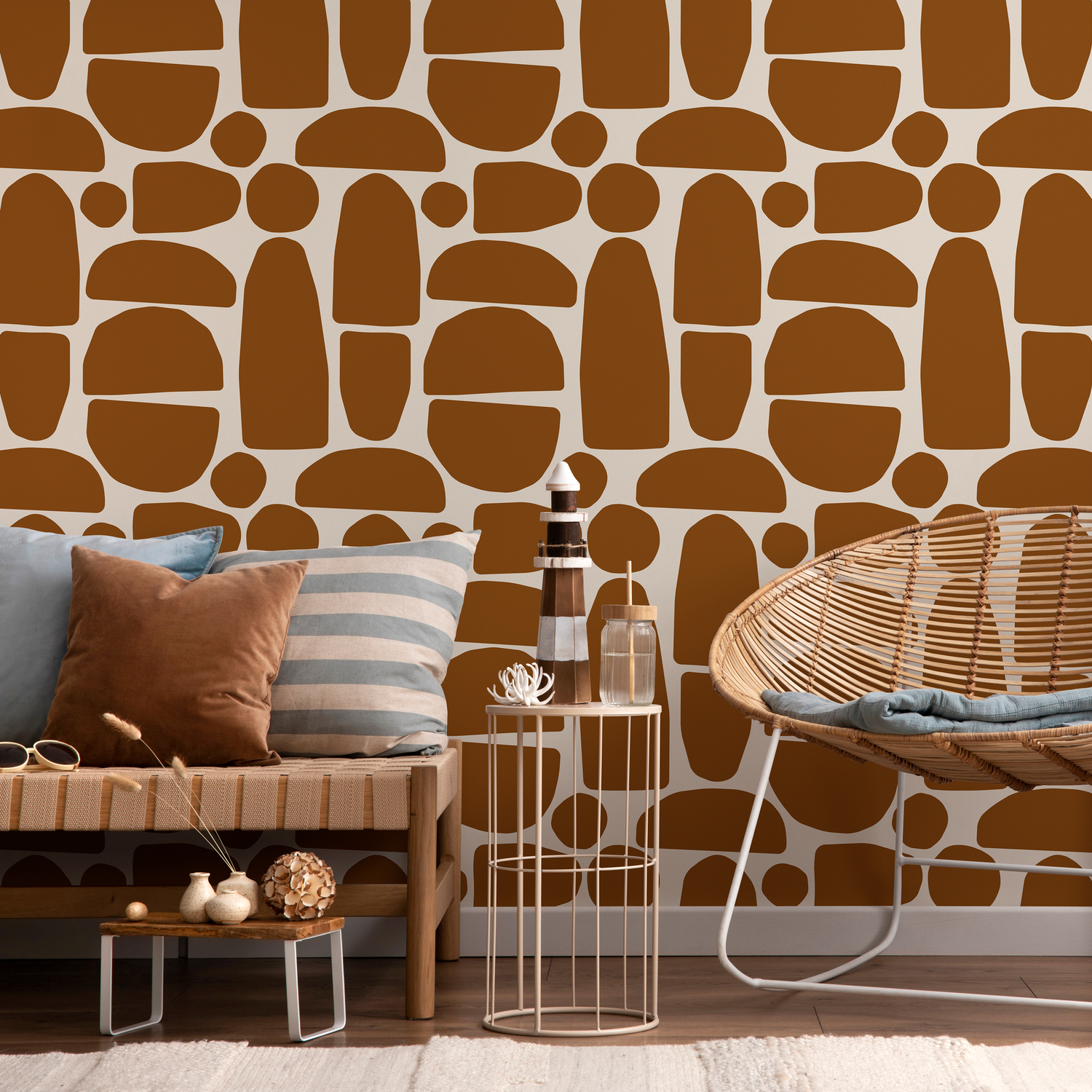 Abstract Wallpaper Featuring Organic Pebble Shapes in Terracotta Brown - C225