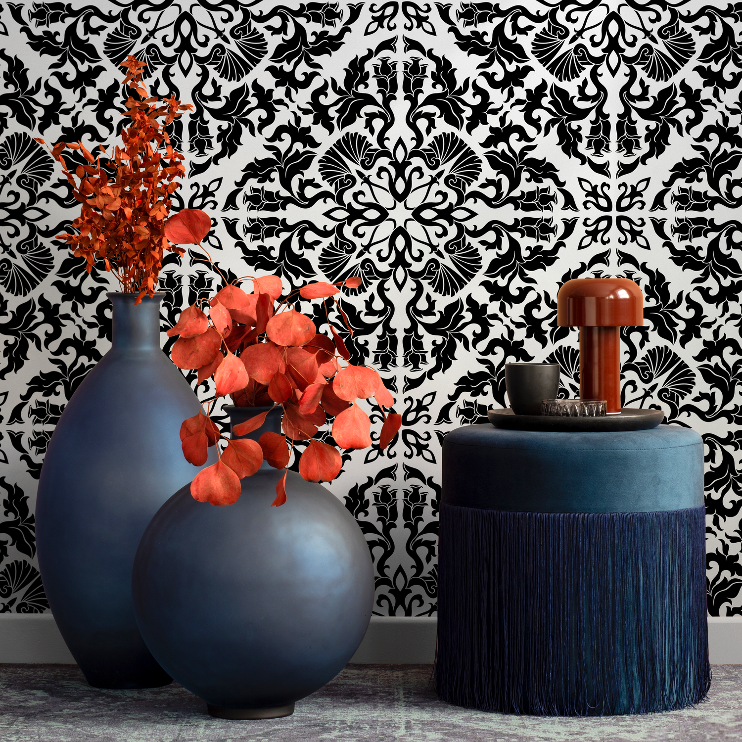 Tile Wallpaper with a Victorian Damask Motif in Black and White - C226