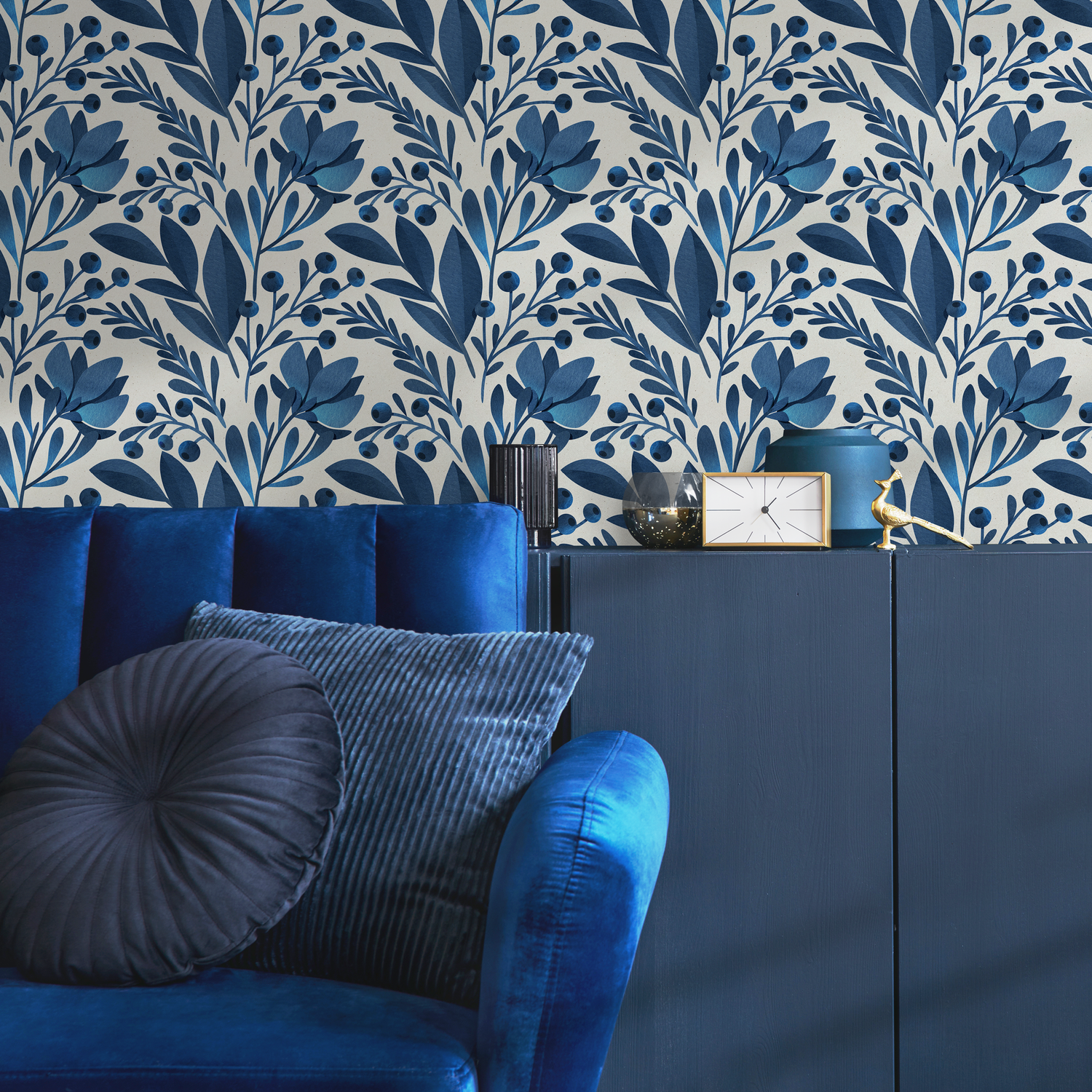 Floral Wallpaper featuring Stylized Flowers and Berries in Blue and Cream - C227