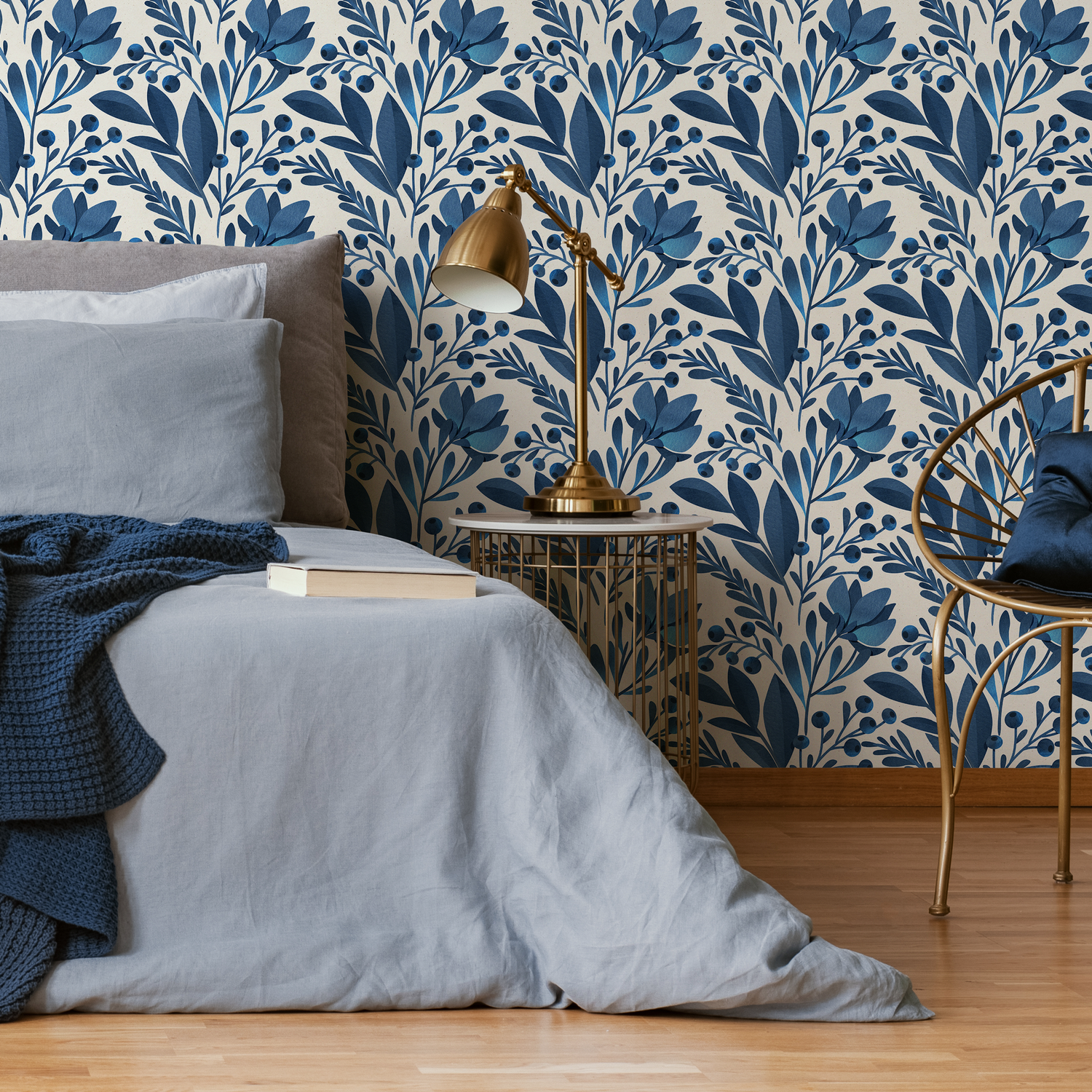 Floral Wallpaper featuring Stylized Flowers and Berries in Blue and Cream - C227