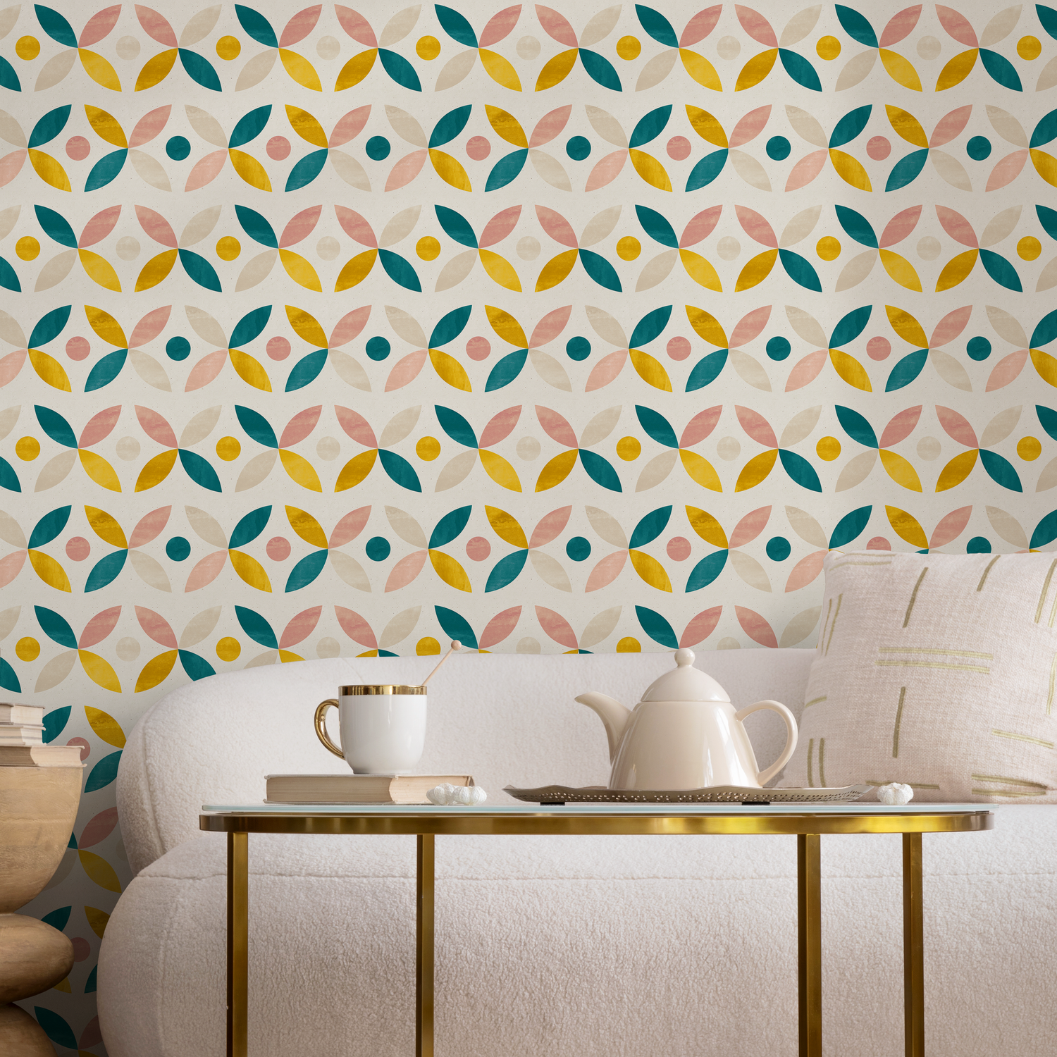 Geometric Wallpaper with Abstract Petals in Teal, Yellow, and Pink - C230