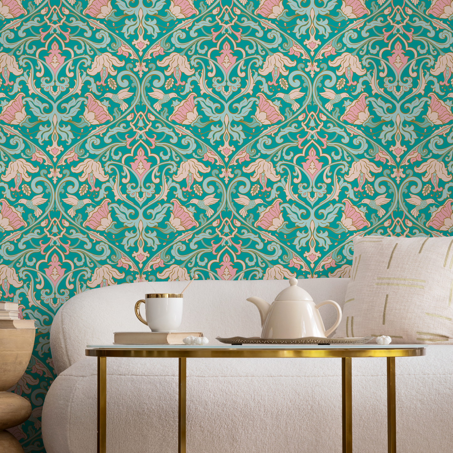 Papel tapiz removible, papel tapiz autoadhesivo, decoración de pared, decoración del hogar, arte de pared imprimible, damasco floral turquesa - C235