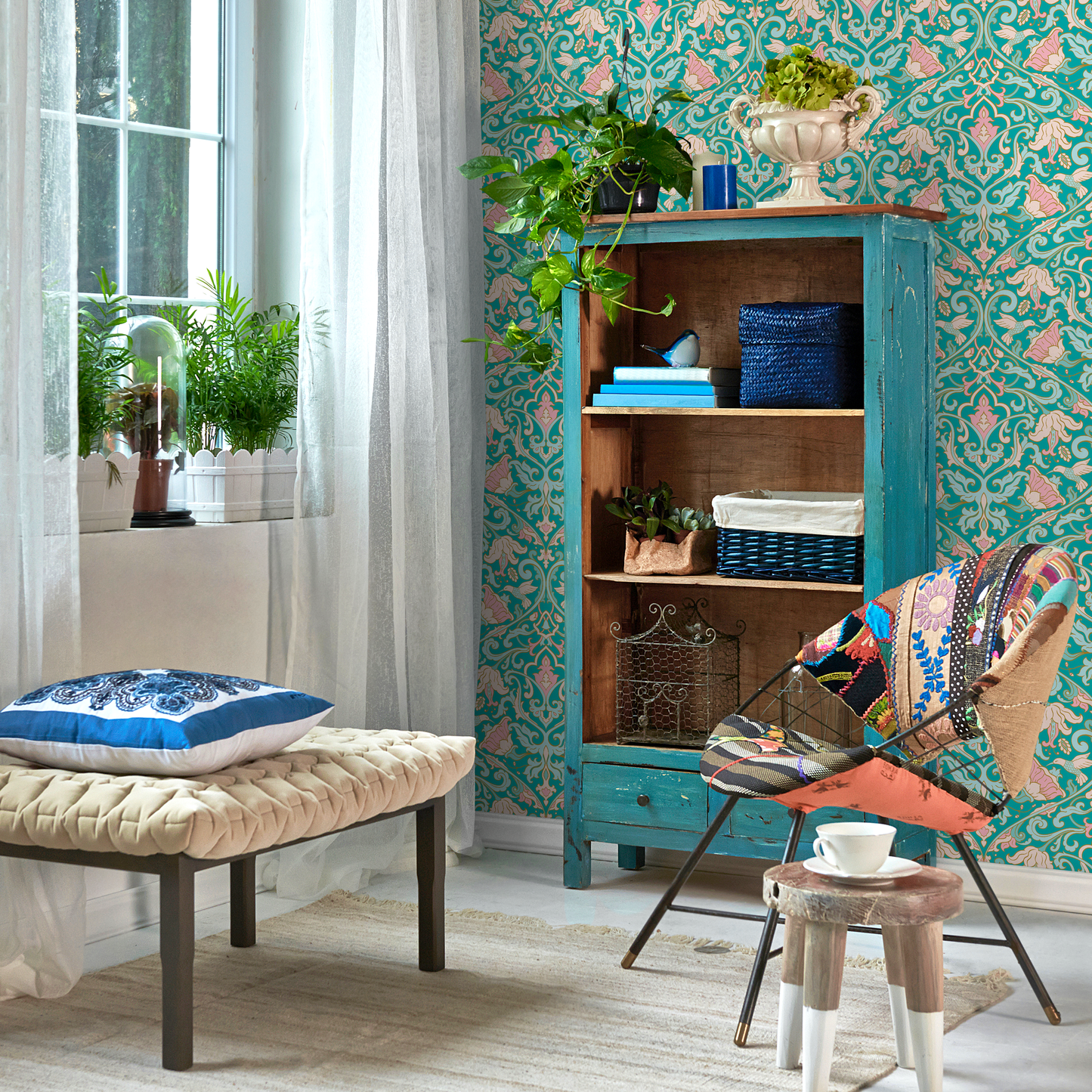 Papel tapiz removible, papel tapiz autoadhesivo, decoración de pared, decoración del hogar, arte de pared imprimible, damasco floral turquesa - C235