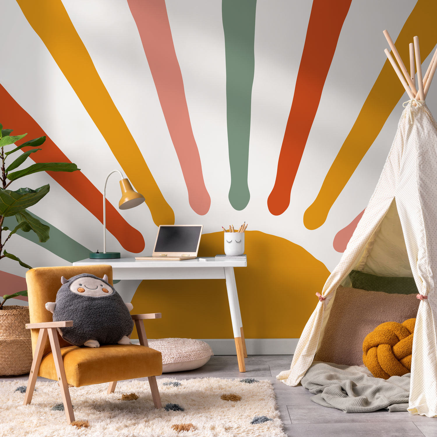 Retro Sun Wallpaper with Abstract Rays in Mustard, Pink, and Green - C250