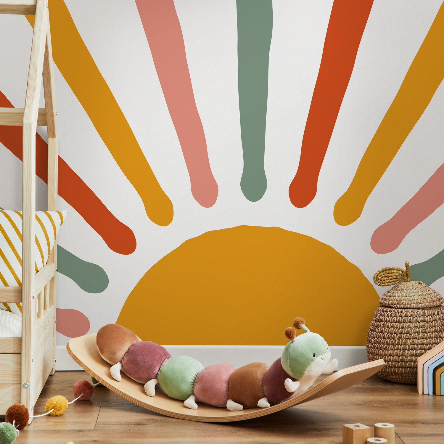Retro Sun Wallpaper with Abstract Rays in Mustard, Pink, and Green - C250