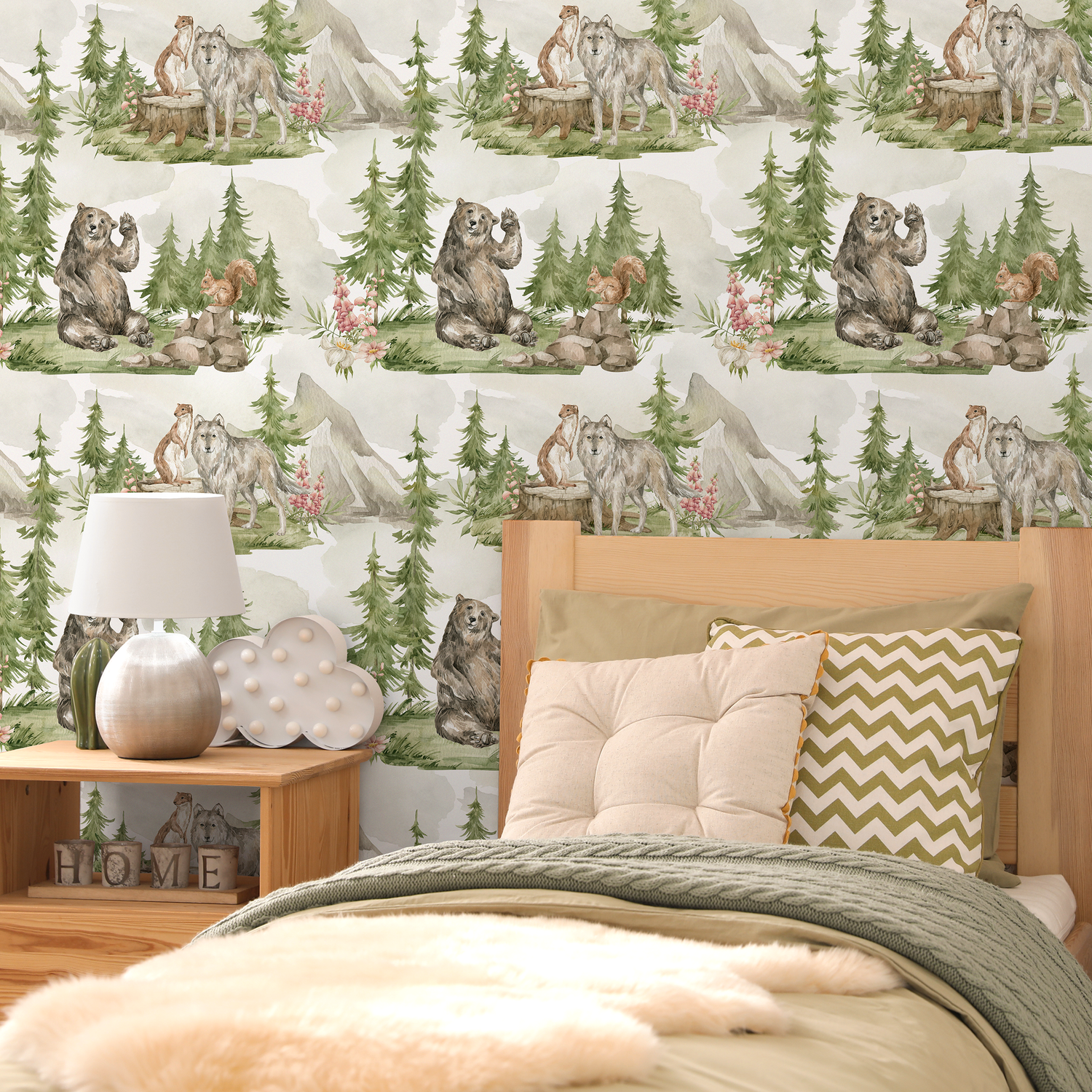Woodland Wallpaper with Bears and Wolves in a Forest in Green, Brown, and Gray - C254