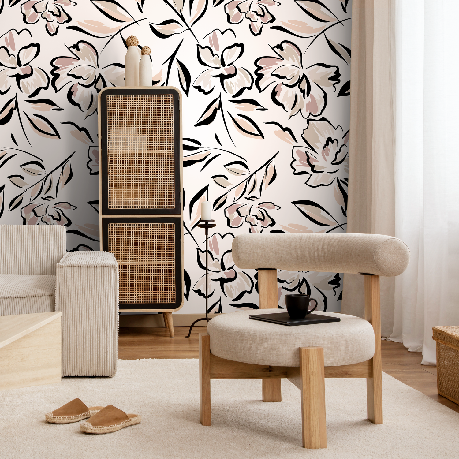 Floral Wallpaper with a Modern Sketch Motif in Black, Pink, and Beige - C260