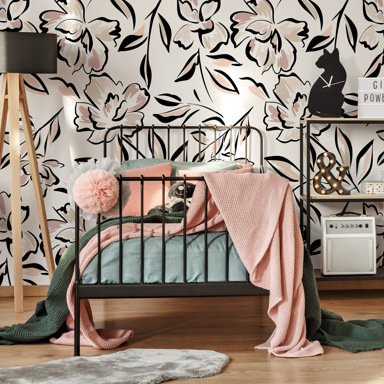 Floral Wallpaper with a Modern Sketch Motif in Black, Pink, and Beige - C260