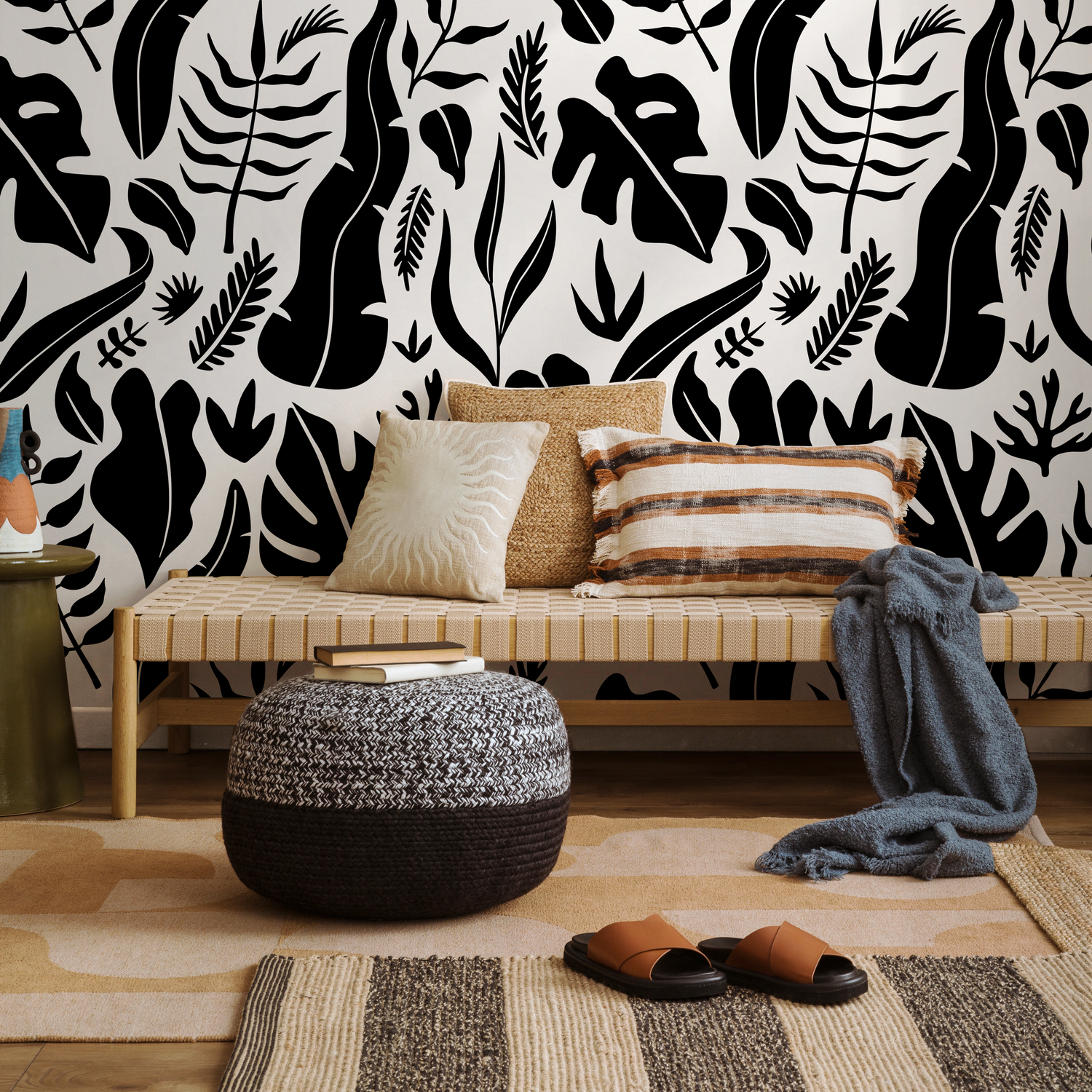 Papel tapiz autoadhesivo, papel tapiz removible, decoración del hogar, decoración de paredes, decoración de habitaciones / Hojas tropicales en blanco y negro - C261