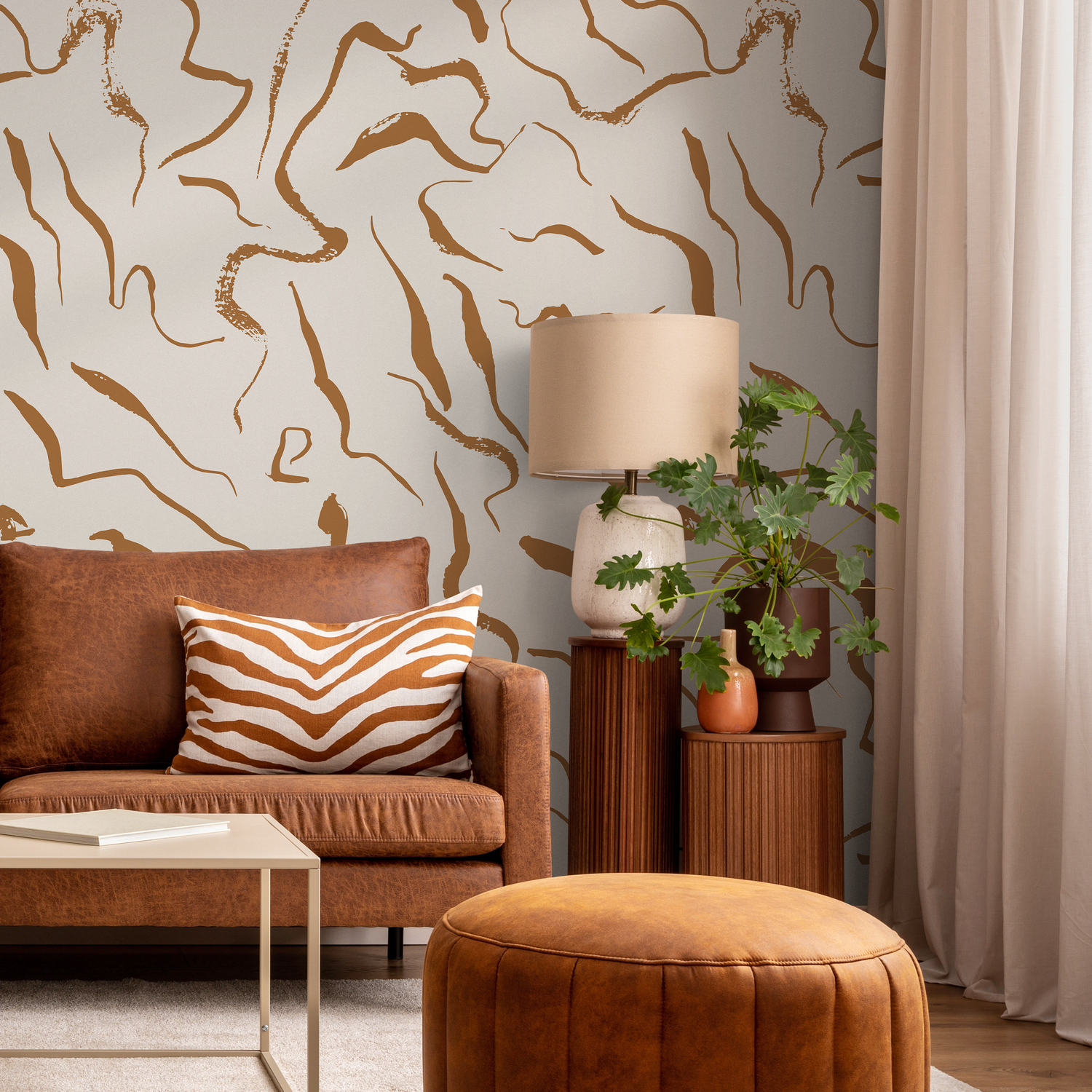 Abstract Wallpaper with Flowing Brushstrokes in Gold and Brown - C265