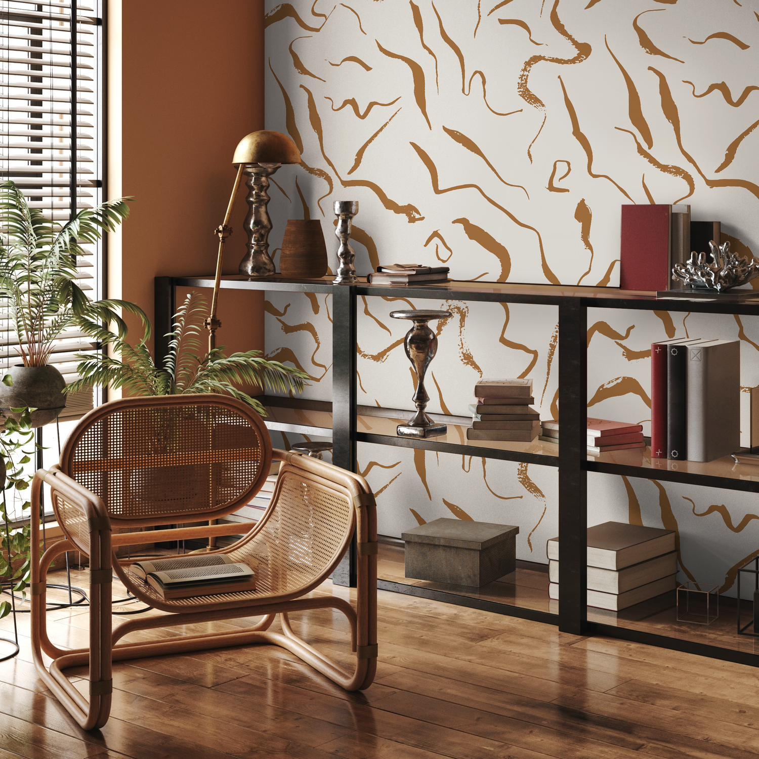 Abstract Wallpaper with Flowing Brushstrokes in Gold and Brown - C265