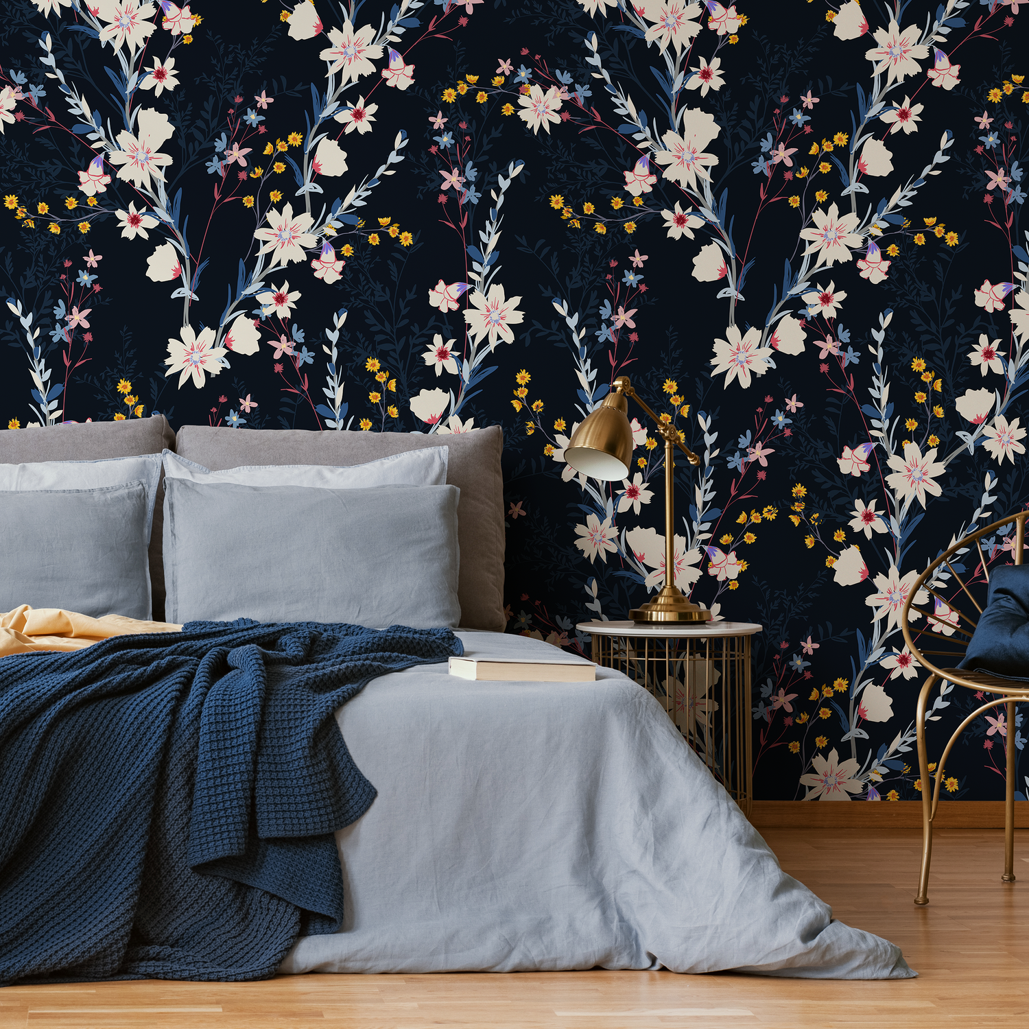 Floral Wallpaper with a Moody Wildflower Motif in Dark Blue, Cream, and Yellow - C266