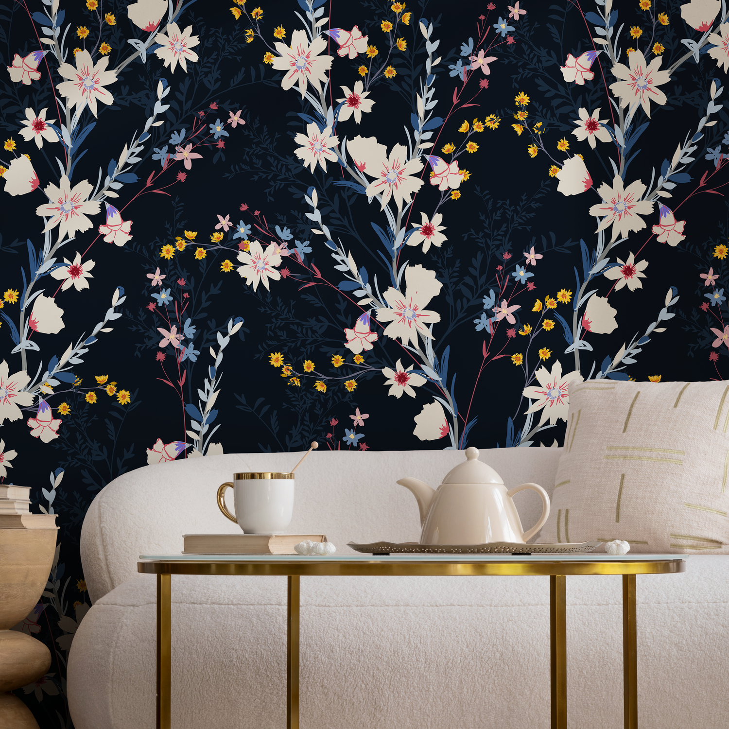 Floral Wallpaper with a Moody Wildflower Motif in Dark Blue, Cream, and Yellow - C266