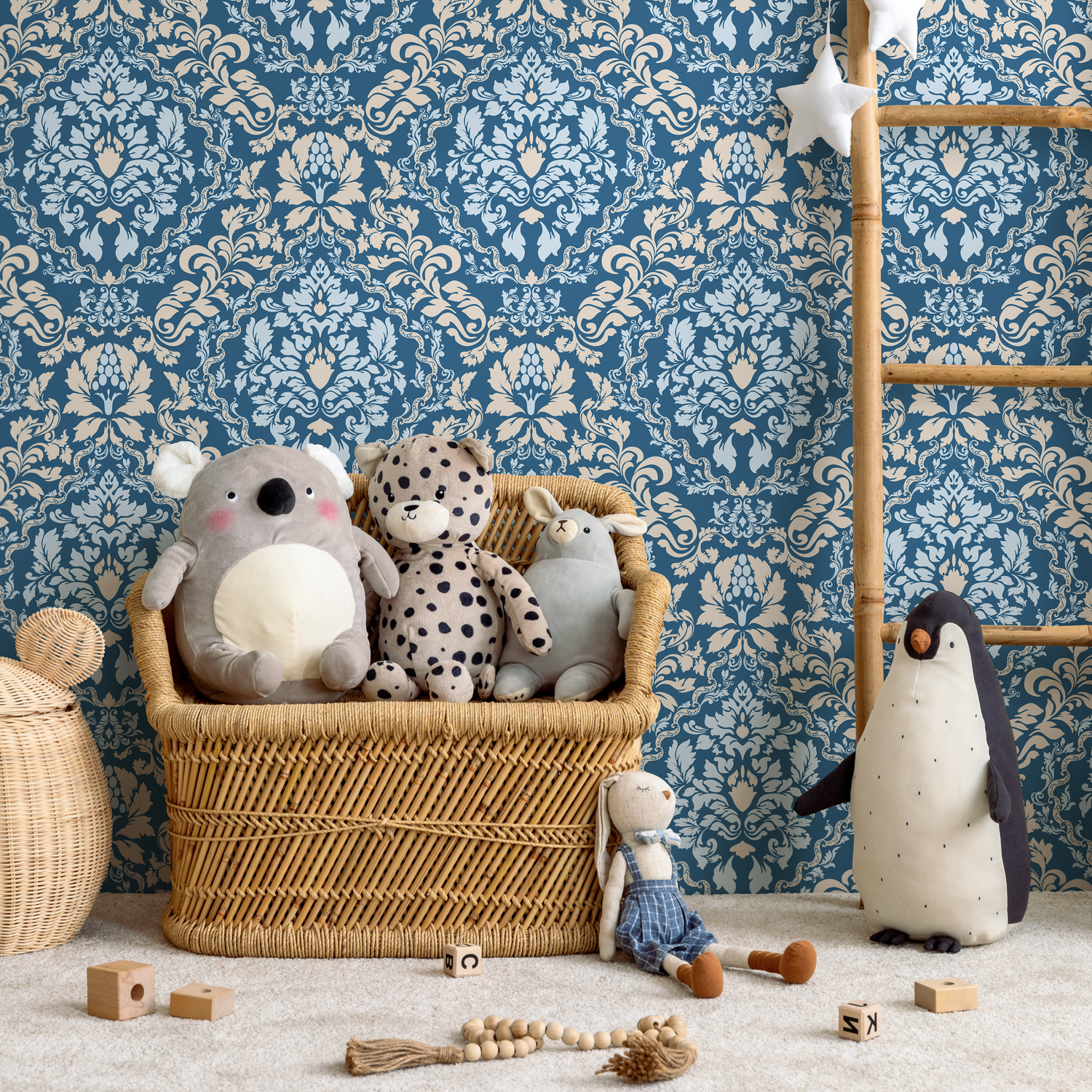 Damask Wallpaper with a Classic Ornate Motif in Blue, Beige, and Light Blue - C269