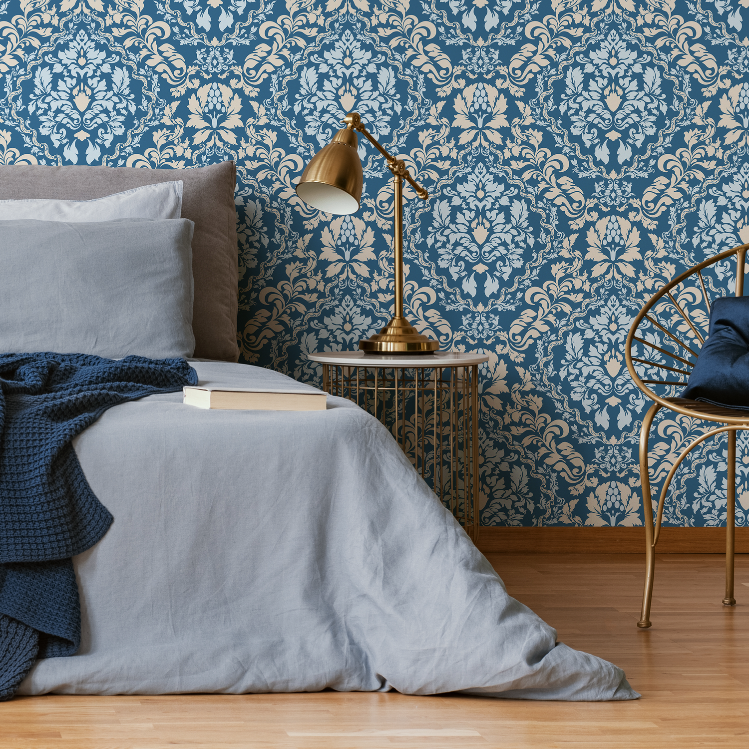 Damask Wallpaper with a Classic Ornate Motif in Blue, Beige, and Light Blue - C269