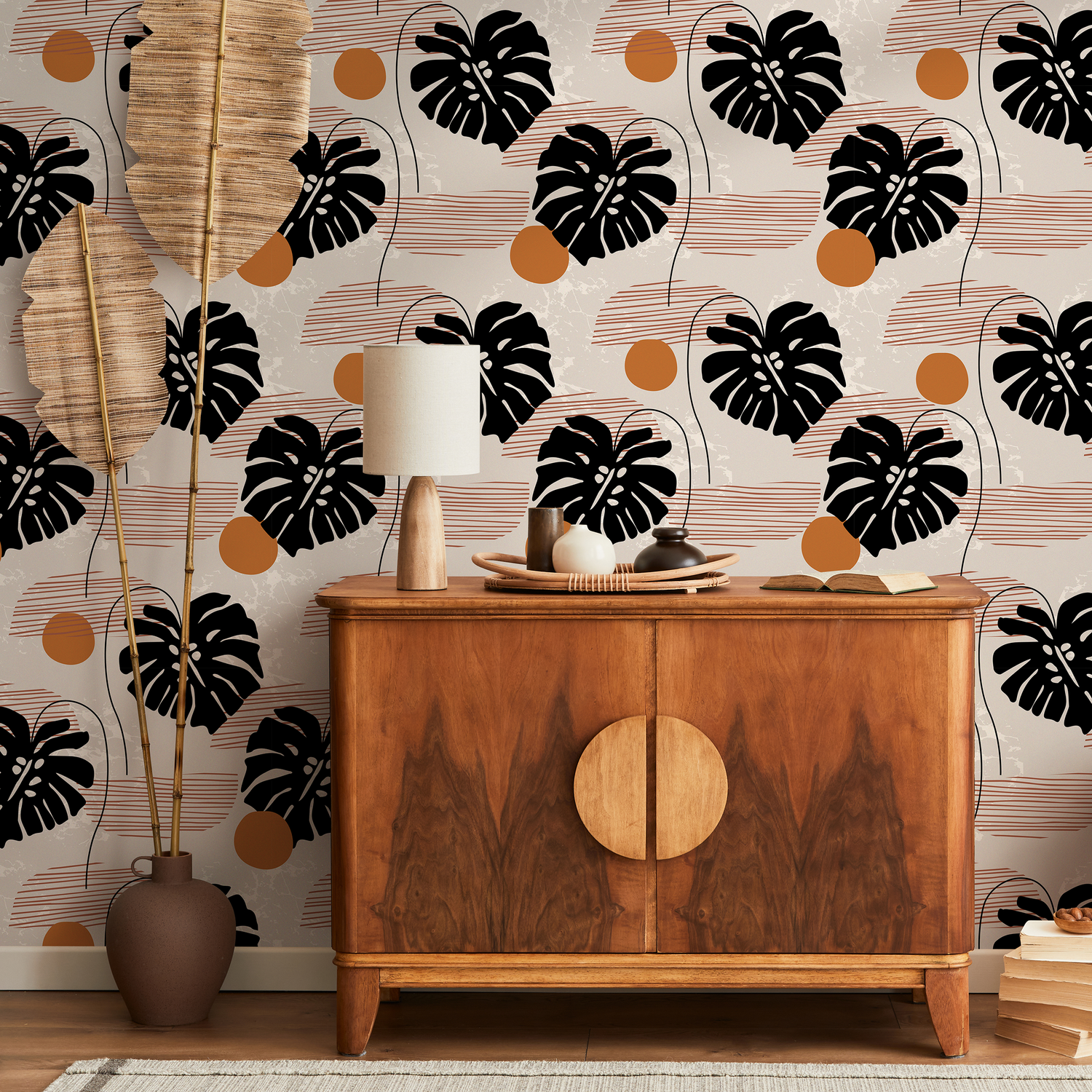 Botanical Wallpaper with Abstract Monstera Leaves in Black and Brown - C276
