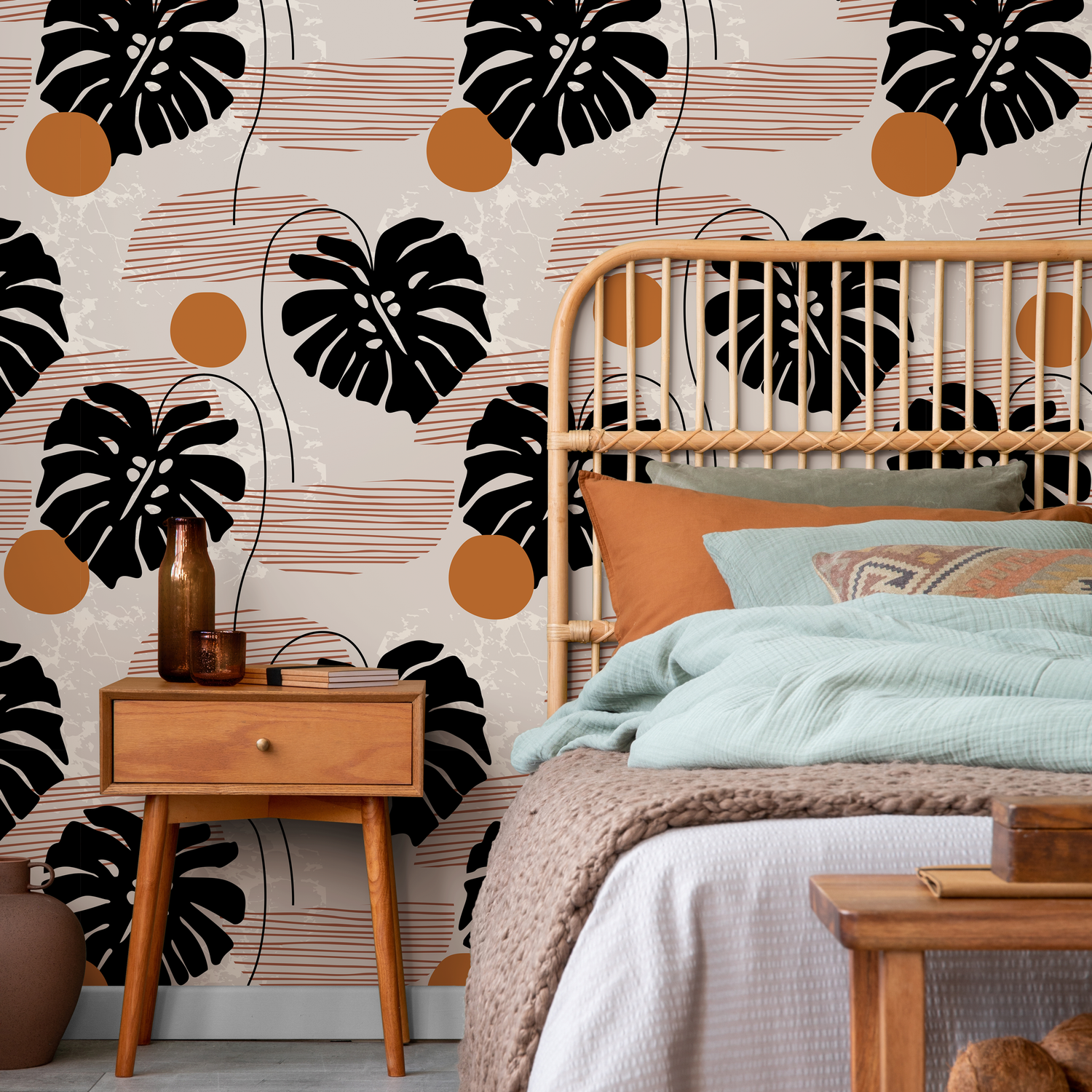 Botanical Wallpaper with Abstract Monstera Leaves in Black and Brown - C276
