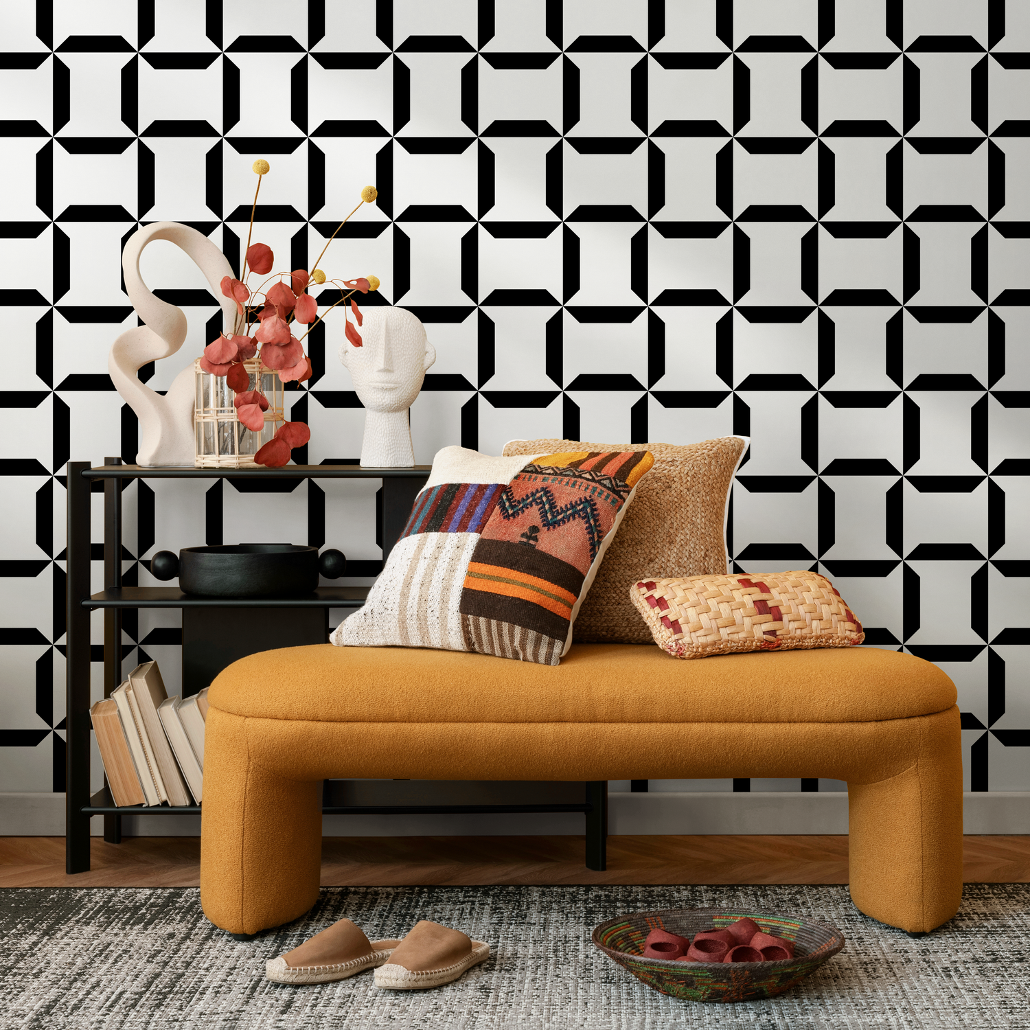 Papier peint amovible, papier peint autocollant, papier peint mural - Papier peint géométrique noir et blanc - C283