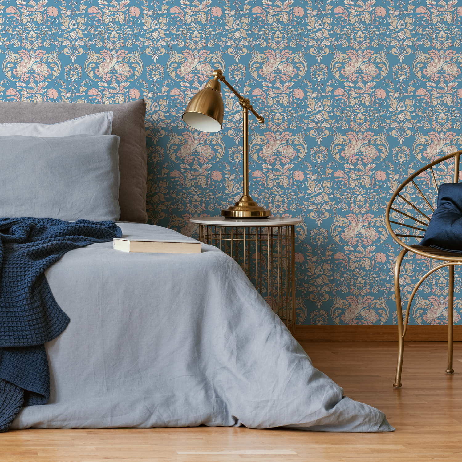 Damask Wallpaper with an Elegant Floral Motif in Blue, Pink, and Beige - C284