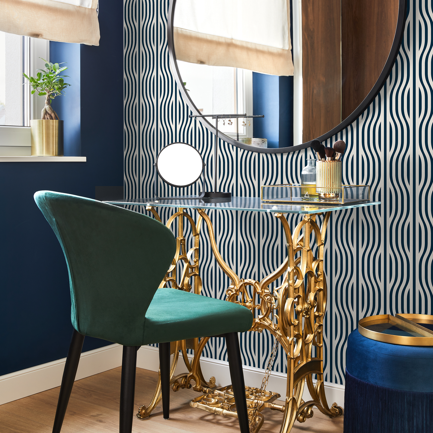 Abstract Wallpaper with Wavy Vertical Lines in Dark Blue and White - C286