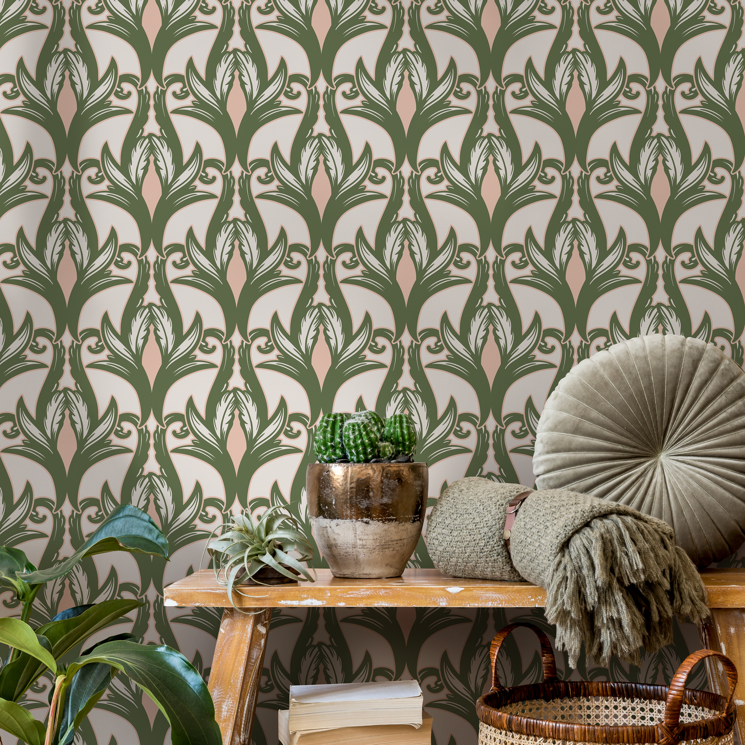 Art Nouveau Wallpaper with a Stylized Floral Motif in Green, Pink, and Beige - C288