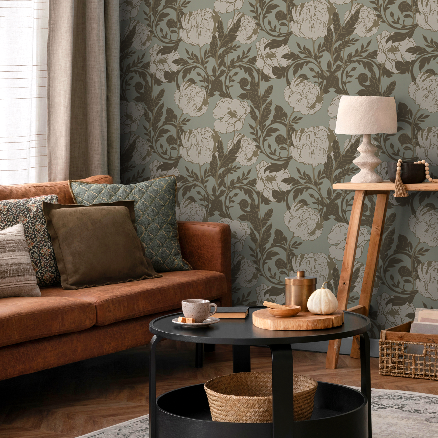 Vintage Floral Wallpaper with Elegant Peonies in Sage Green and Brown - C291