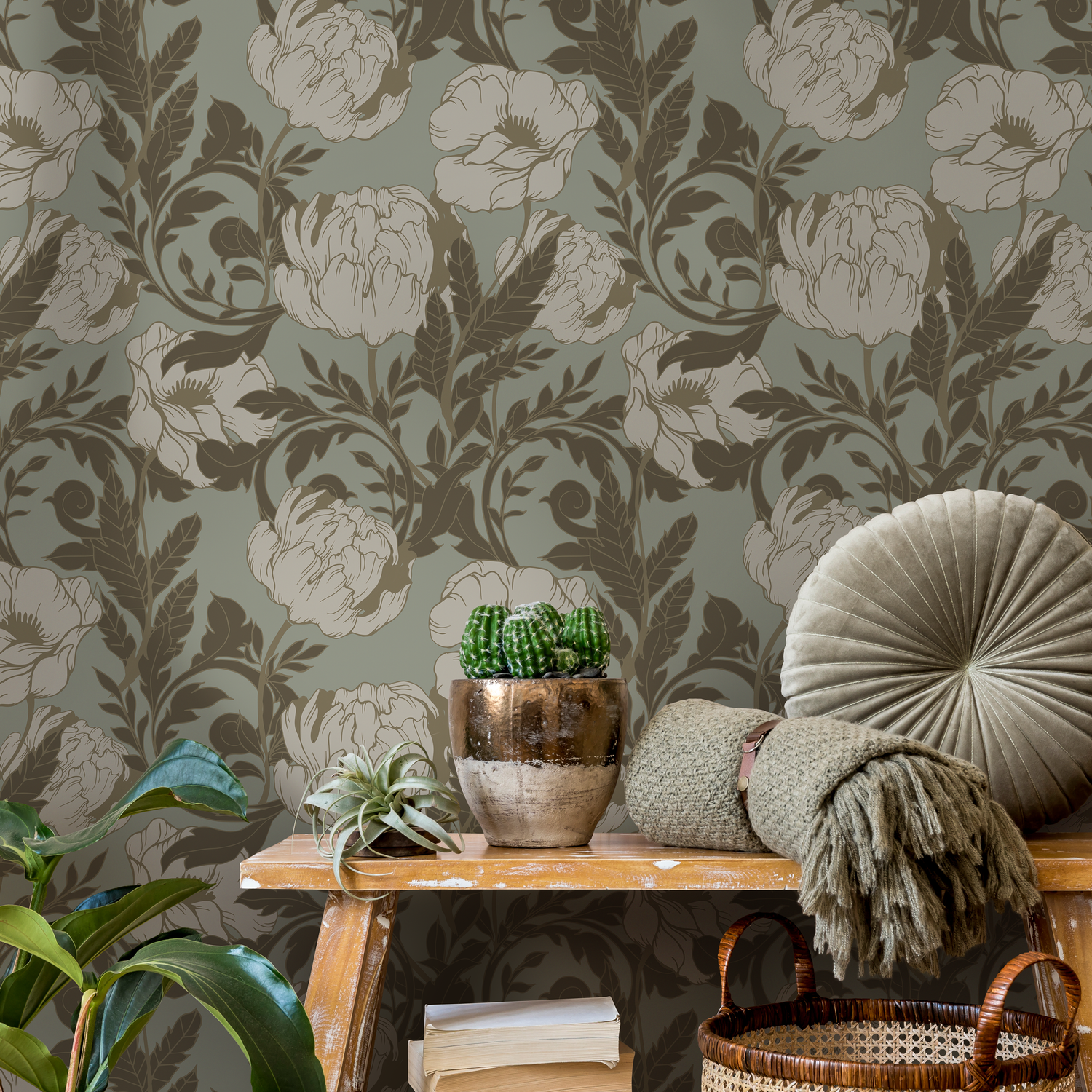 Vintage Floral Wallpaper with Elegant Peonies in Sage Green and Brown - C291