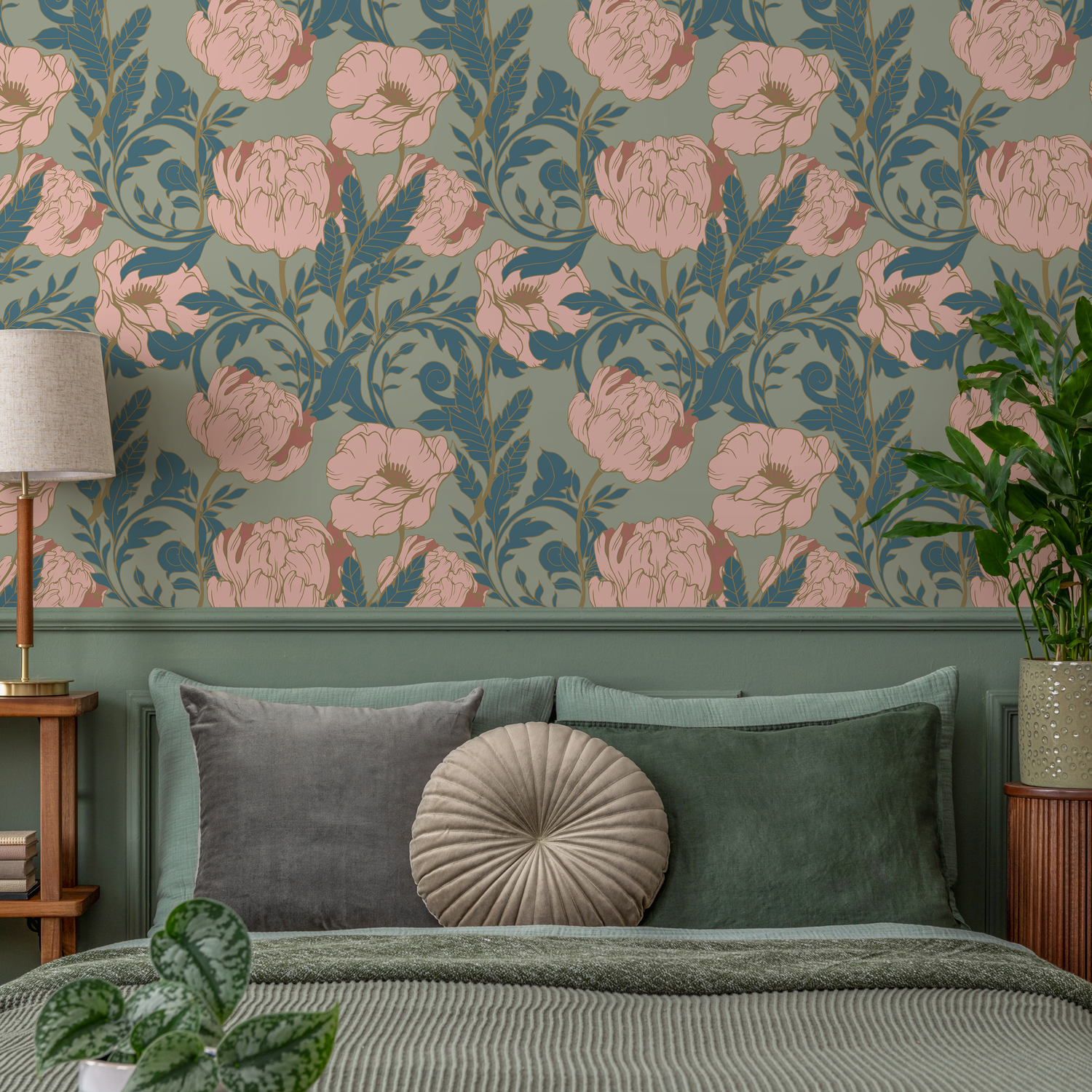 Floral Wallpaper with an Art Nouveau Peony Motif in Sage Green, Pink, and Teal - C292