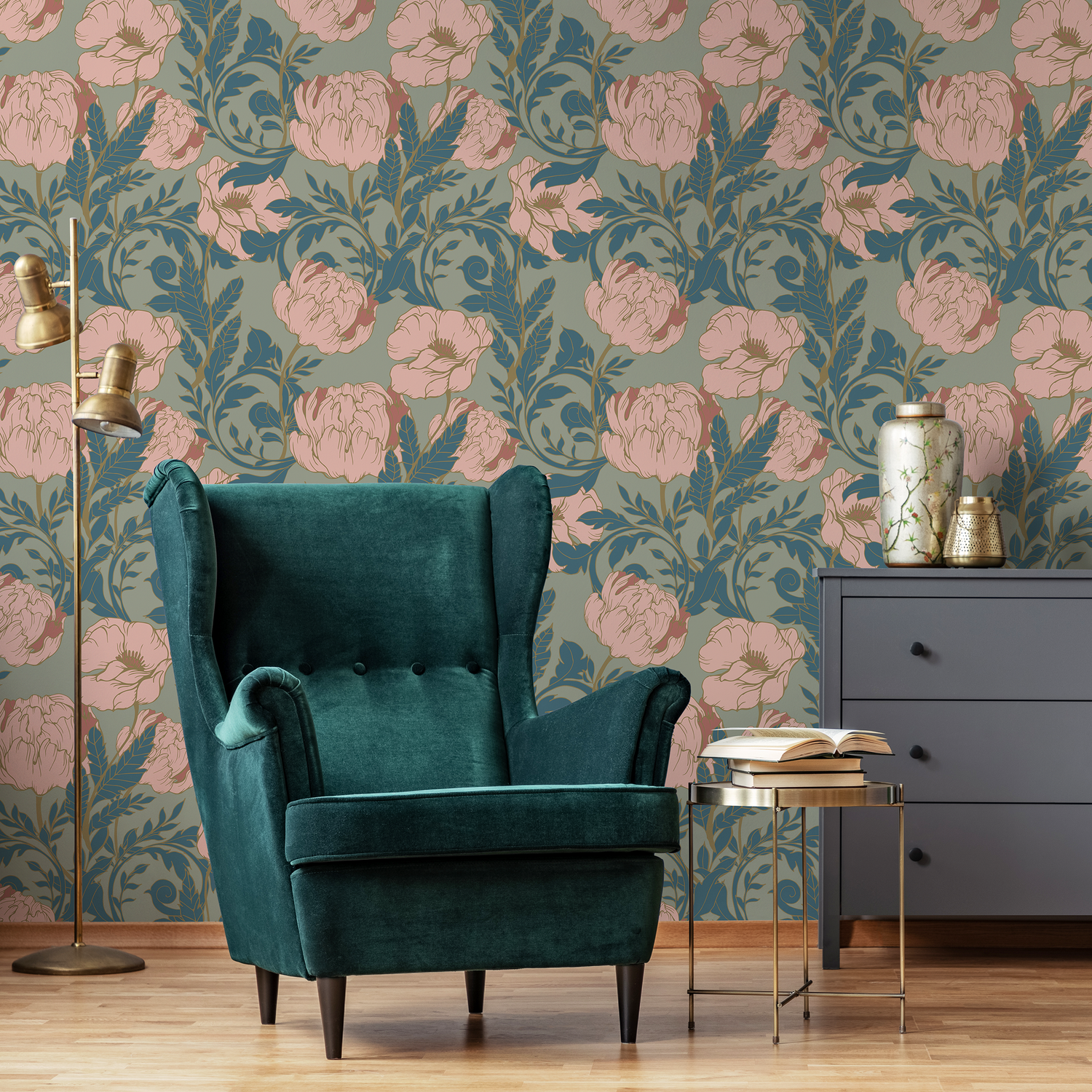 Floral Wallpaper with an Art Nouveau Peony Motif in Sage Green, Pink, and Teal - C292