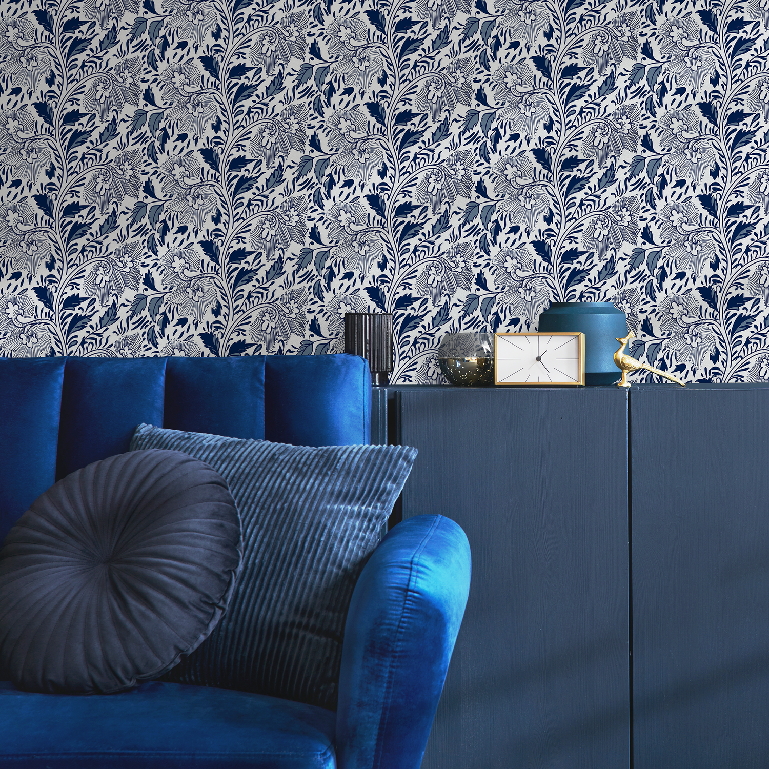 Ornamental Wallpaper with a Stylized Floral Motif in Shades of Blue - C293