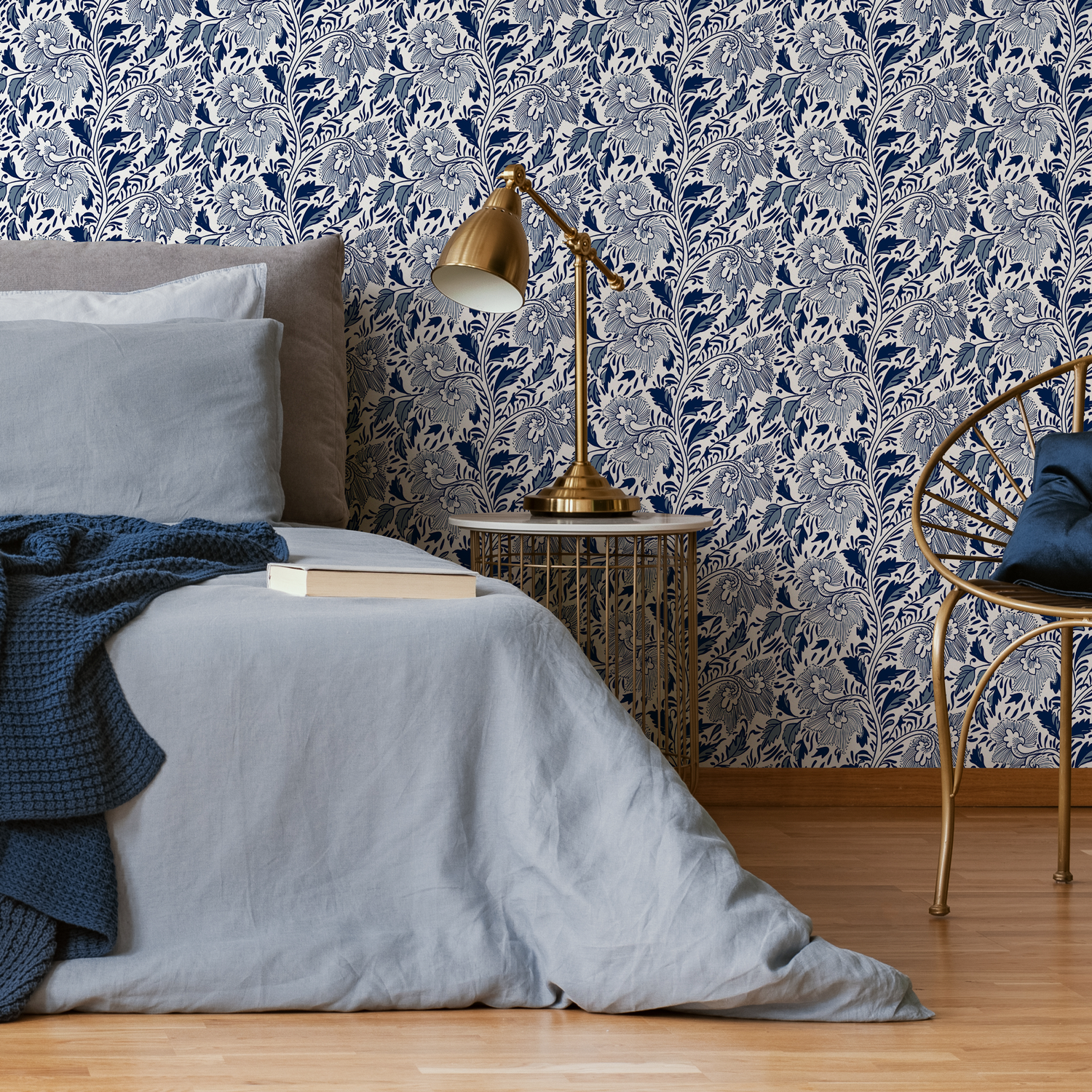 Ornamental Wallpaper with a Stylized Floral Motif in Shades of Blue - C293
