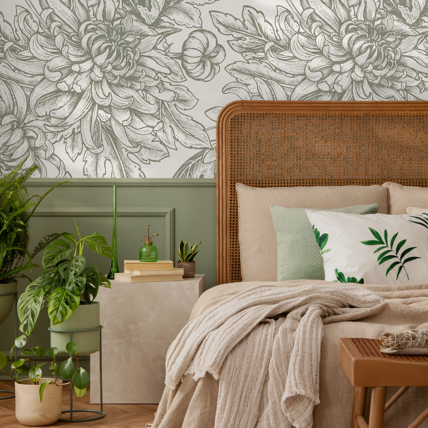 Floral Wallpaper with Hand-Drawn Chrysanthemums in Sage Green - C300