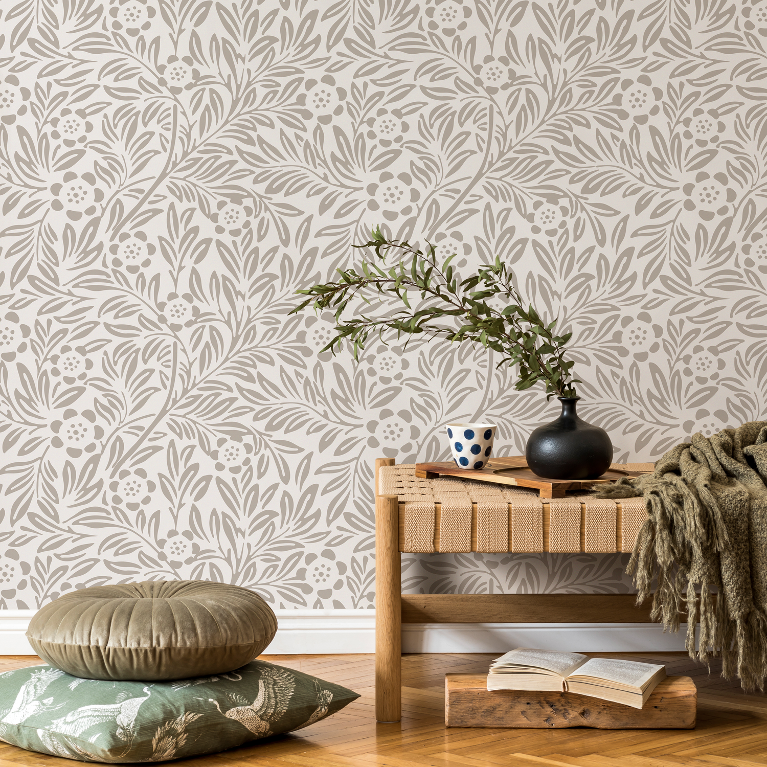 Floral Wallpaper with a Classic Arts and Crafts Motif in Beige - C302