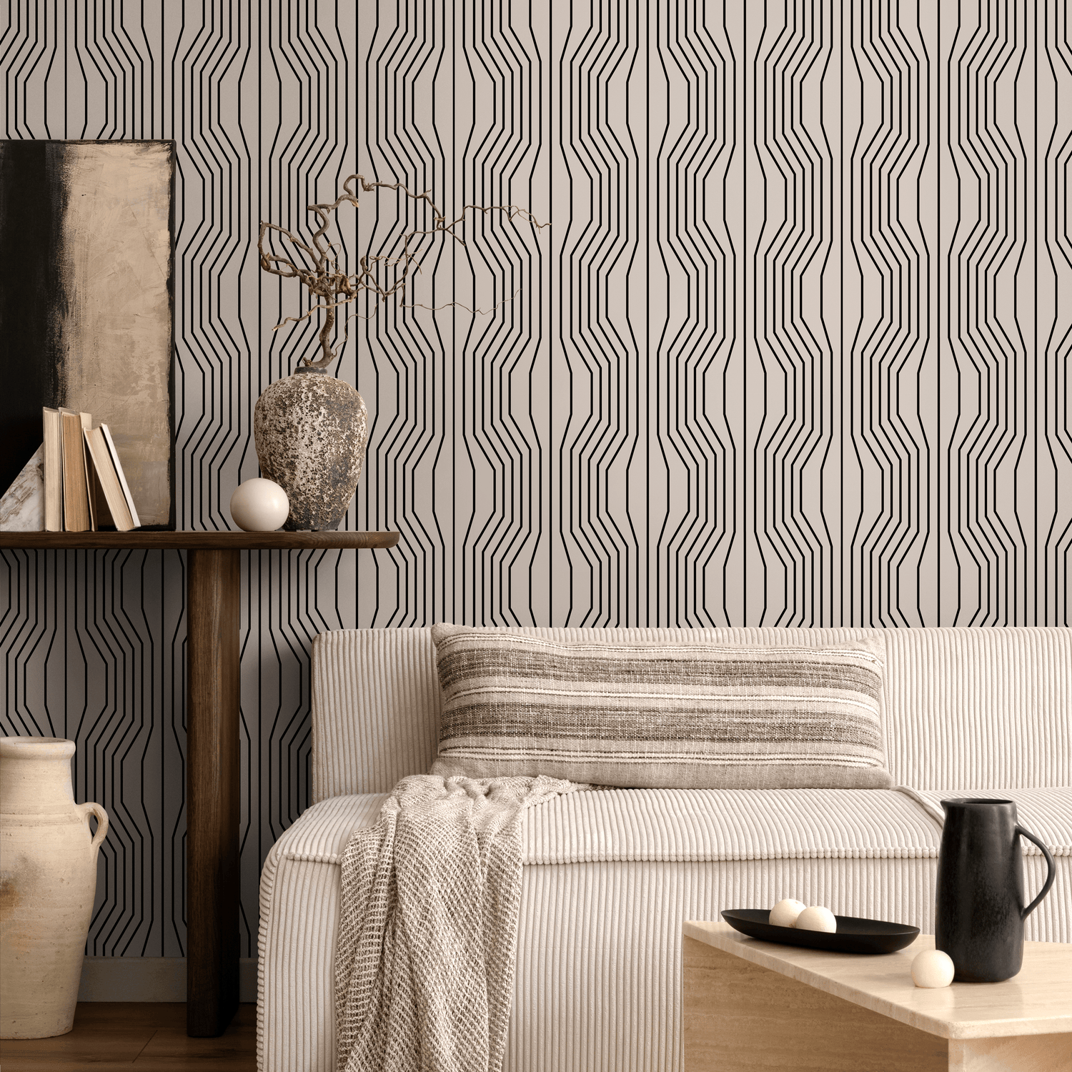 Geometric Wallpaper with Wavy Vertical Lines in Black and Beige - C303