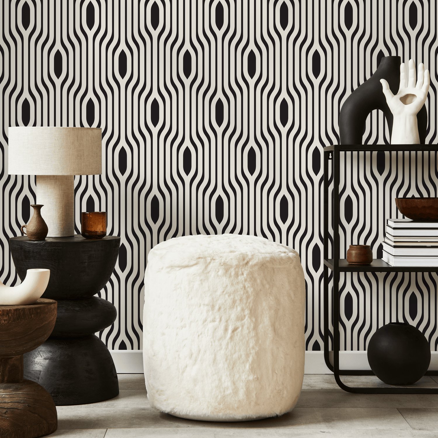 Art Deco Wallpaper with Wavy Vertical Lines in Black and White - C304