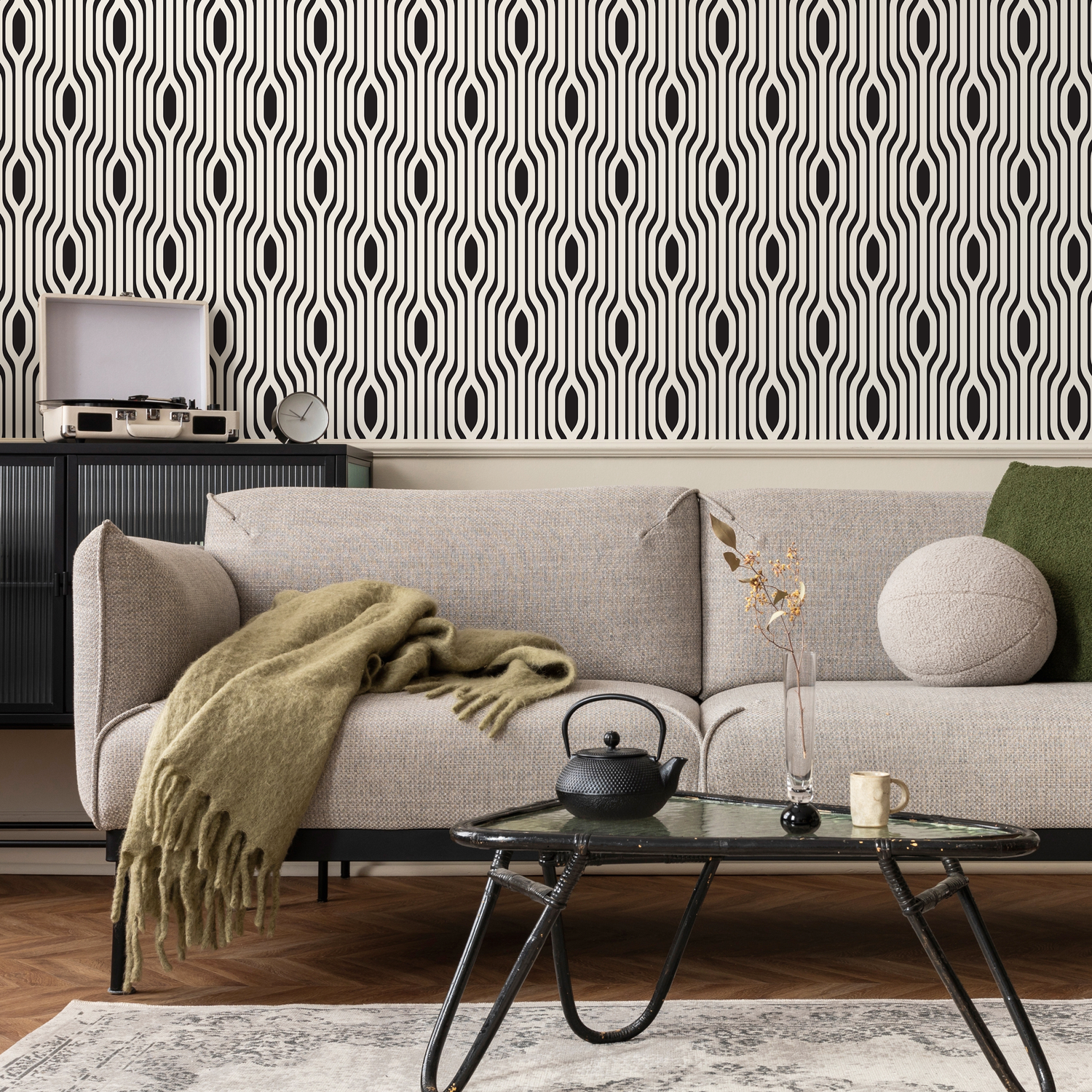 Art Deco Wallpaper with Wavy Vertical Lines in Black and White - C304