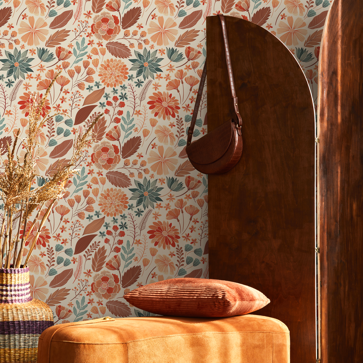 Wallpaper Peel and Stick Wallpaper Removable Wallpaper Home Decor Wall Art Wall Decor Room Decor / Orange Floral Drawing Wallpaper - C310 - ONDECOR.COM