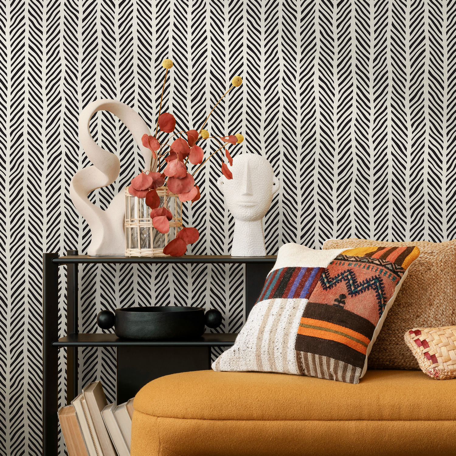 Papier peint autocollant amovible, décoration d'intérieur, art mural, décoration de chambre / Papier peint à chevrons noirs - C313