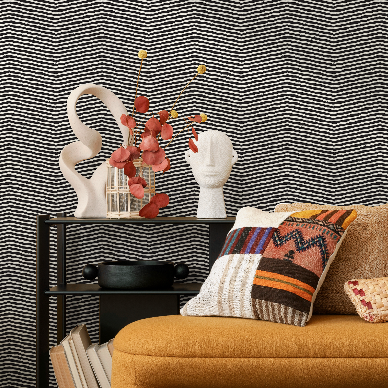 Papel tapiz autoadhesivo, papel tapiz removible, decoración del hogar, arte de pared, decoración de habitaciones / Papel tapiz contemporáneo negro - C317