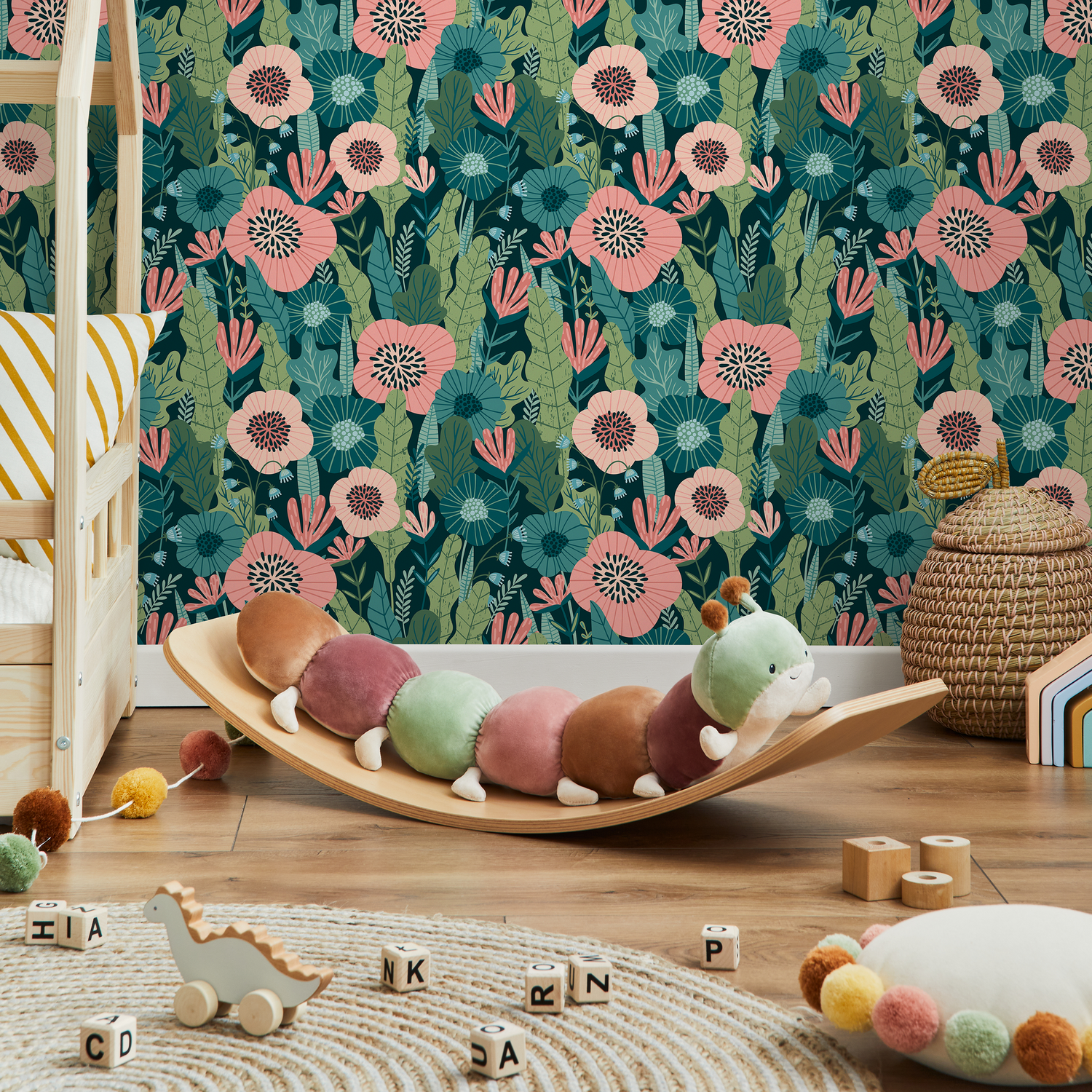 Botanical Wallpaper with Stylized Poppies in Pink, Green, and Teal - C318