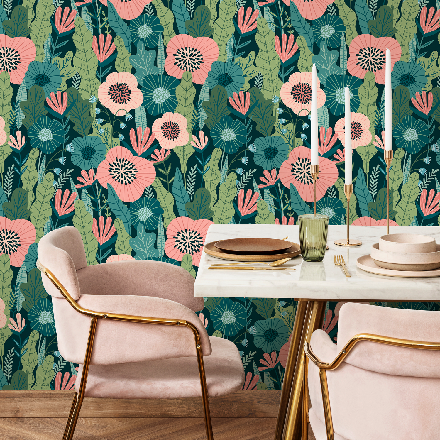 Botanical Wallpaper with Stylized Poppies in Pink, Green, and Teal - C318