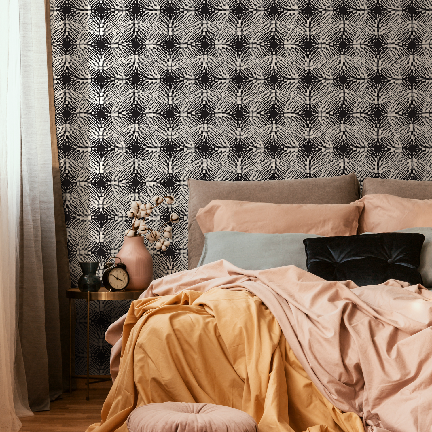 Geometric Wallpaper with Radiating Circle Motifs in Black and White - C323