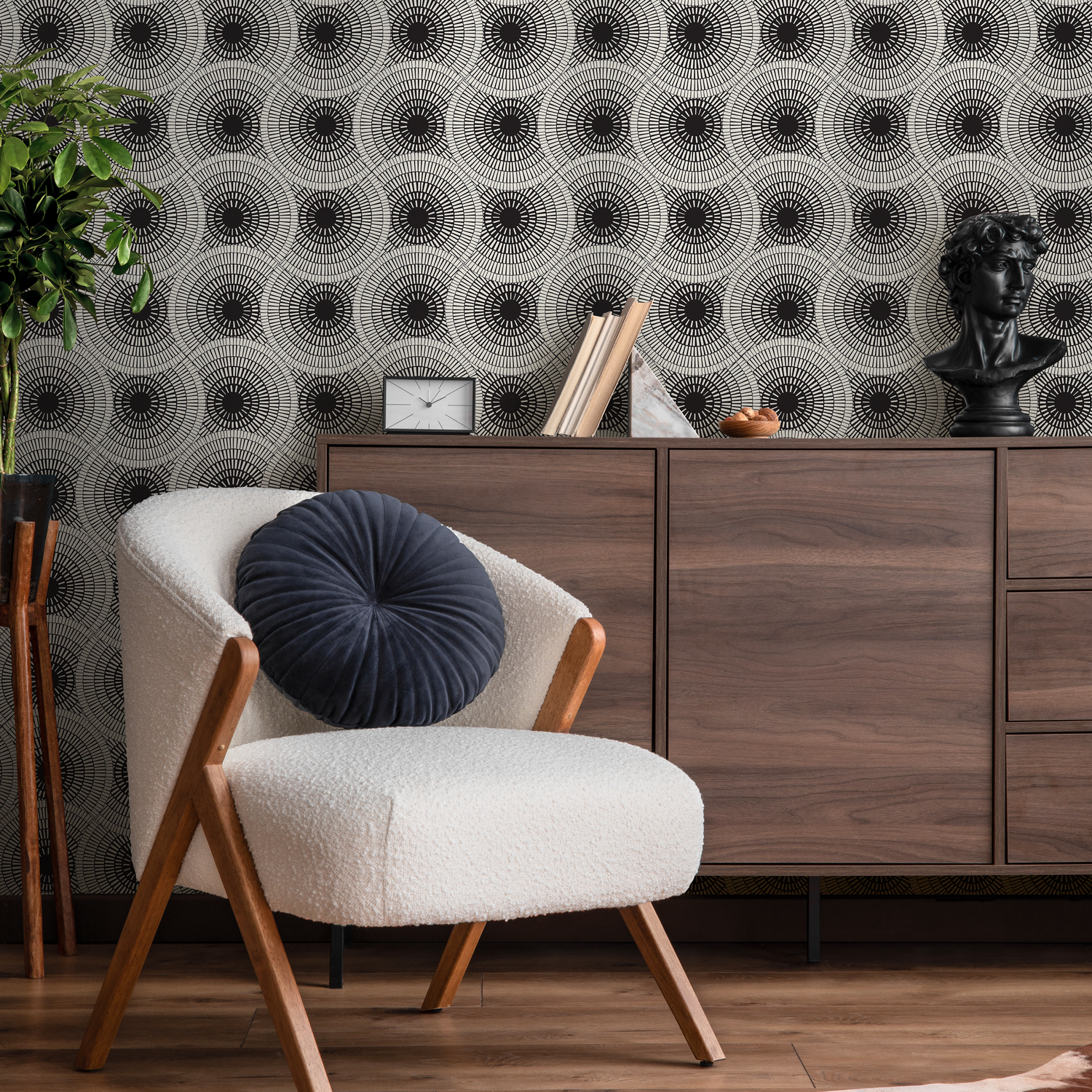 Geometric Wallpaper with Radiating Circle Motifs in Black and White - C323
