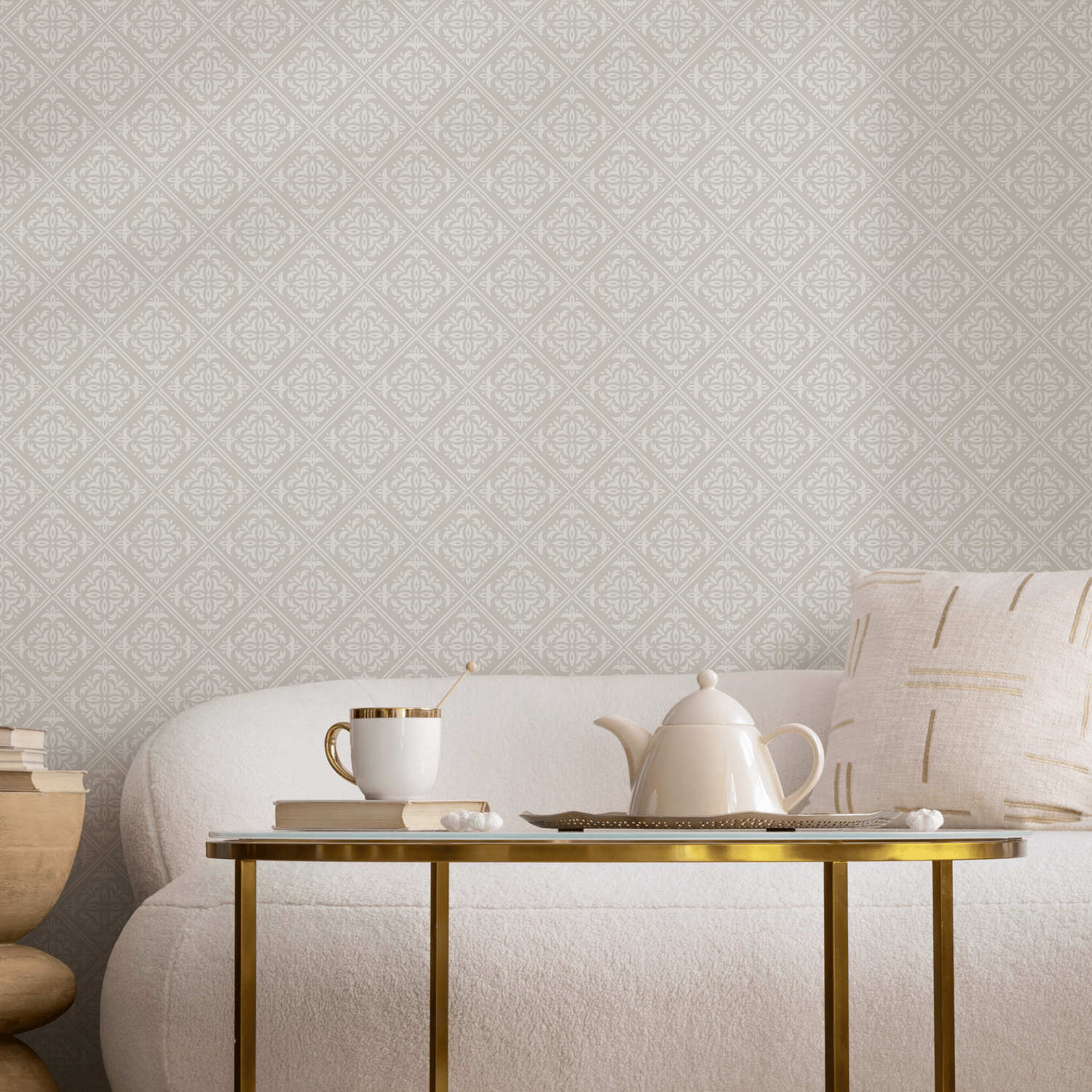 Damask Wallpaper with an Intricate Trellis Motif in Beige and Cream - C326