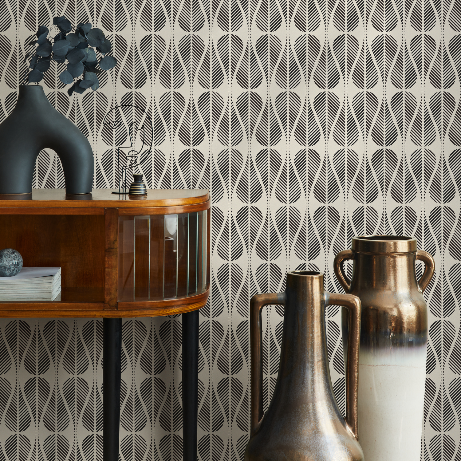 Geometric Wallpaper with a Stylized Leaf Motif in Black and Off-White - C327